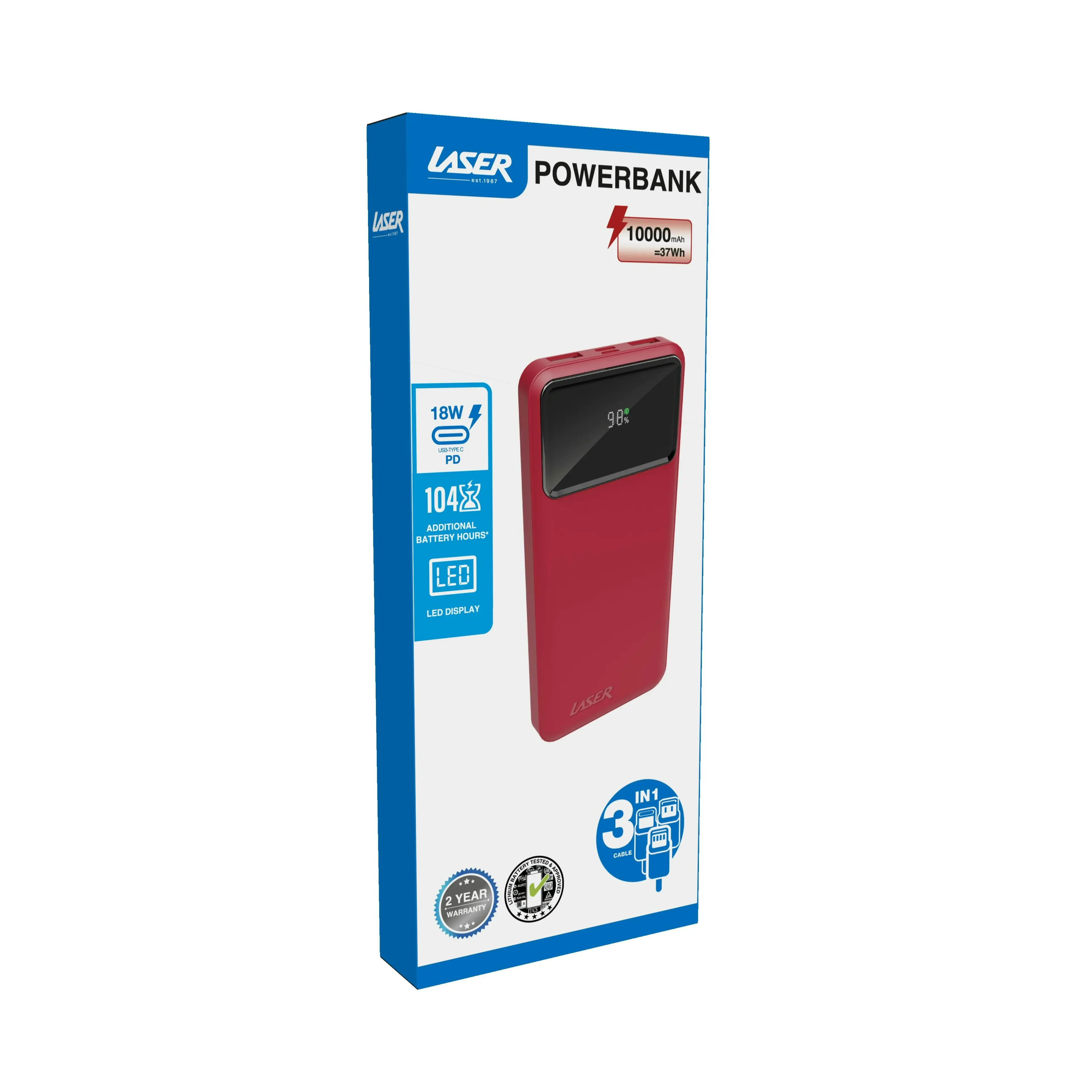 Laser Powerbank, 10000mAh, Fast Charging, PD 18W, Red, LED Indicator, USB-C, Por