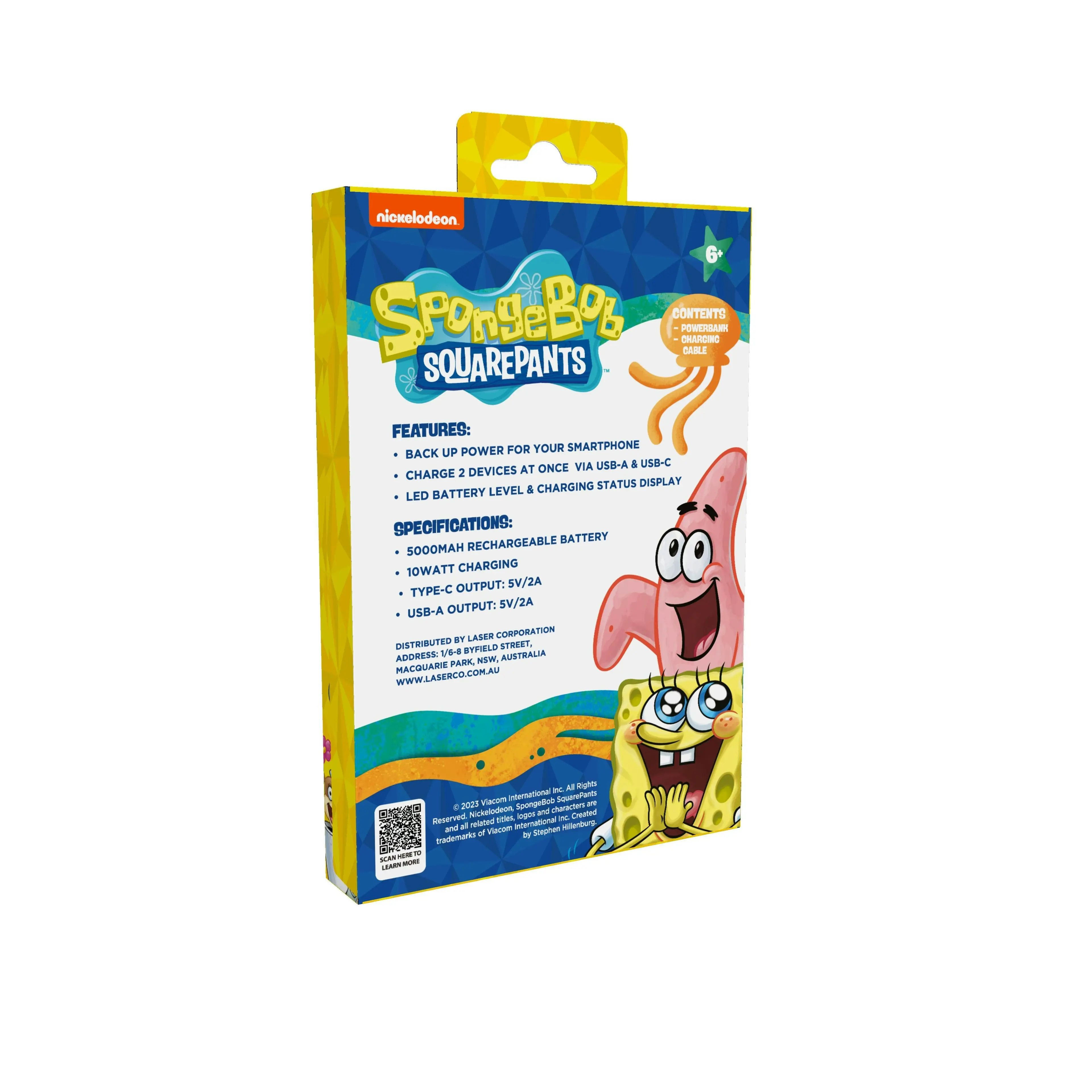 SpongeBob 5000mAh Portable Charger: Dual USB, LED Indicator, Includes Cable