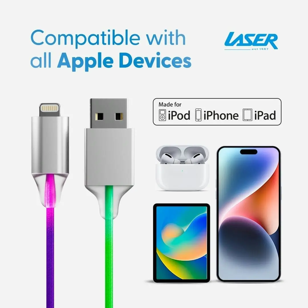 Laser MFI Certified Rainbow Lightning USB-A Cable 1M Durable