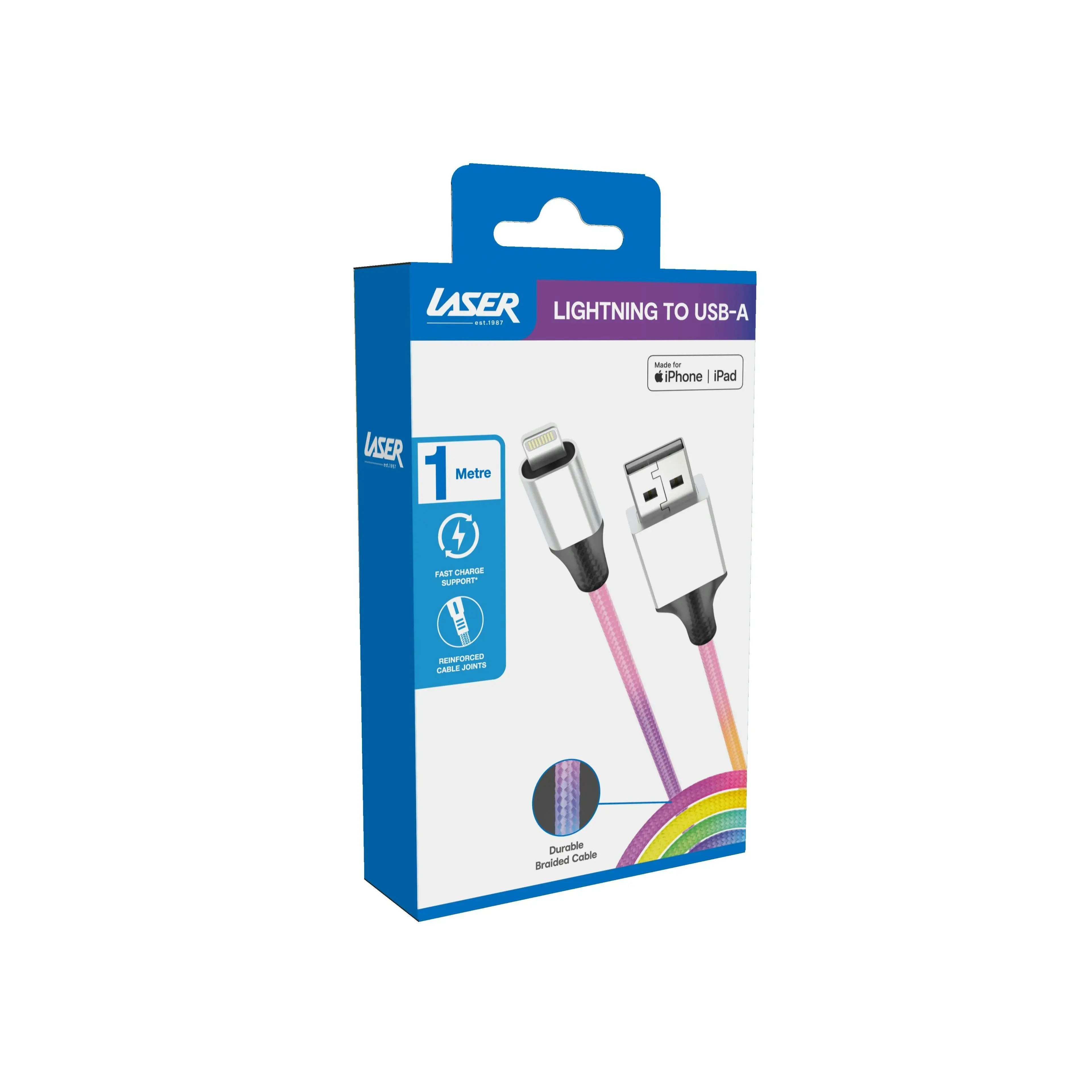 Laser MFI Certified Rainbow Lightning USB-A Cable 1M Durable