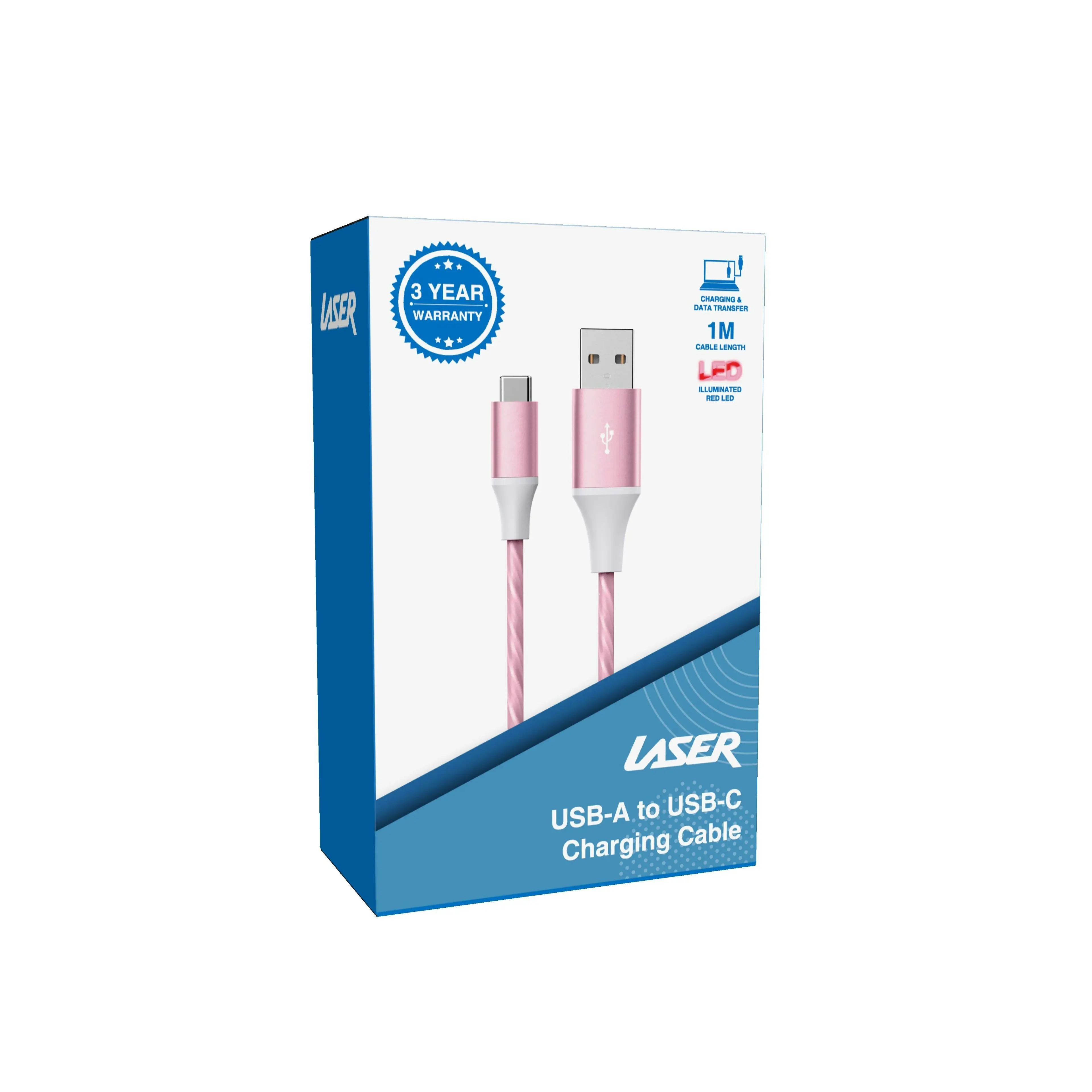 Laser Pink LED USB-C Charge Cable 1M Fast Charge Compatible