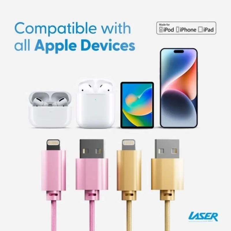 Laser 2m MFi Lightning to USB-A Cable 2 Pack Nylon Braid Gold/Pink