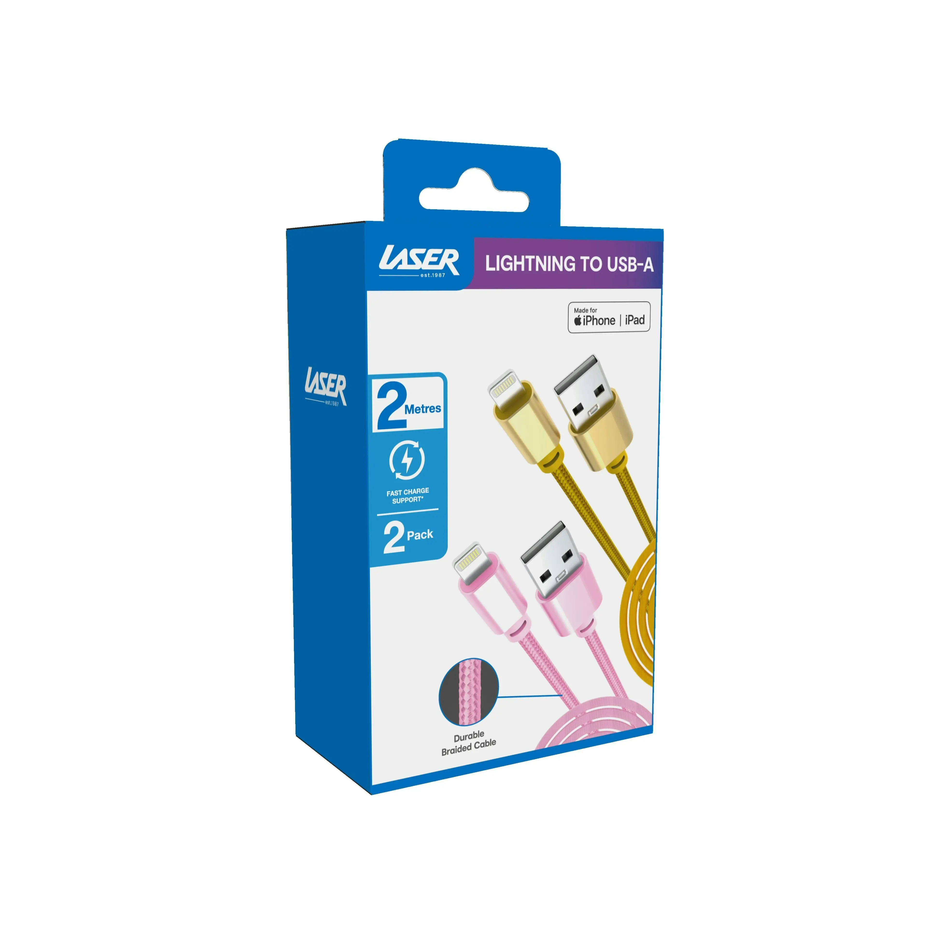 Laser 2m MFi Lightning to USB-A Cable 2 Pack Nylon Braid Gold/Pink