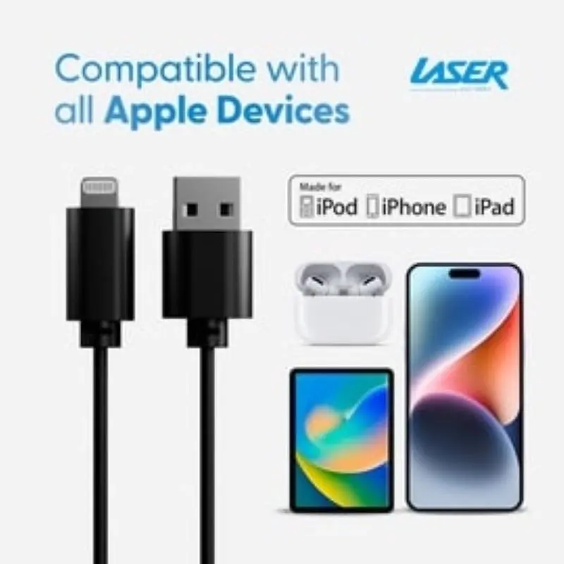 Laser 2M Black MFi Lightning Cable Twin Pack Fast Charge