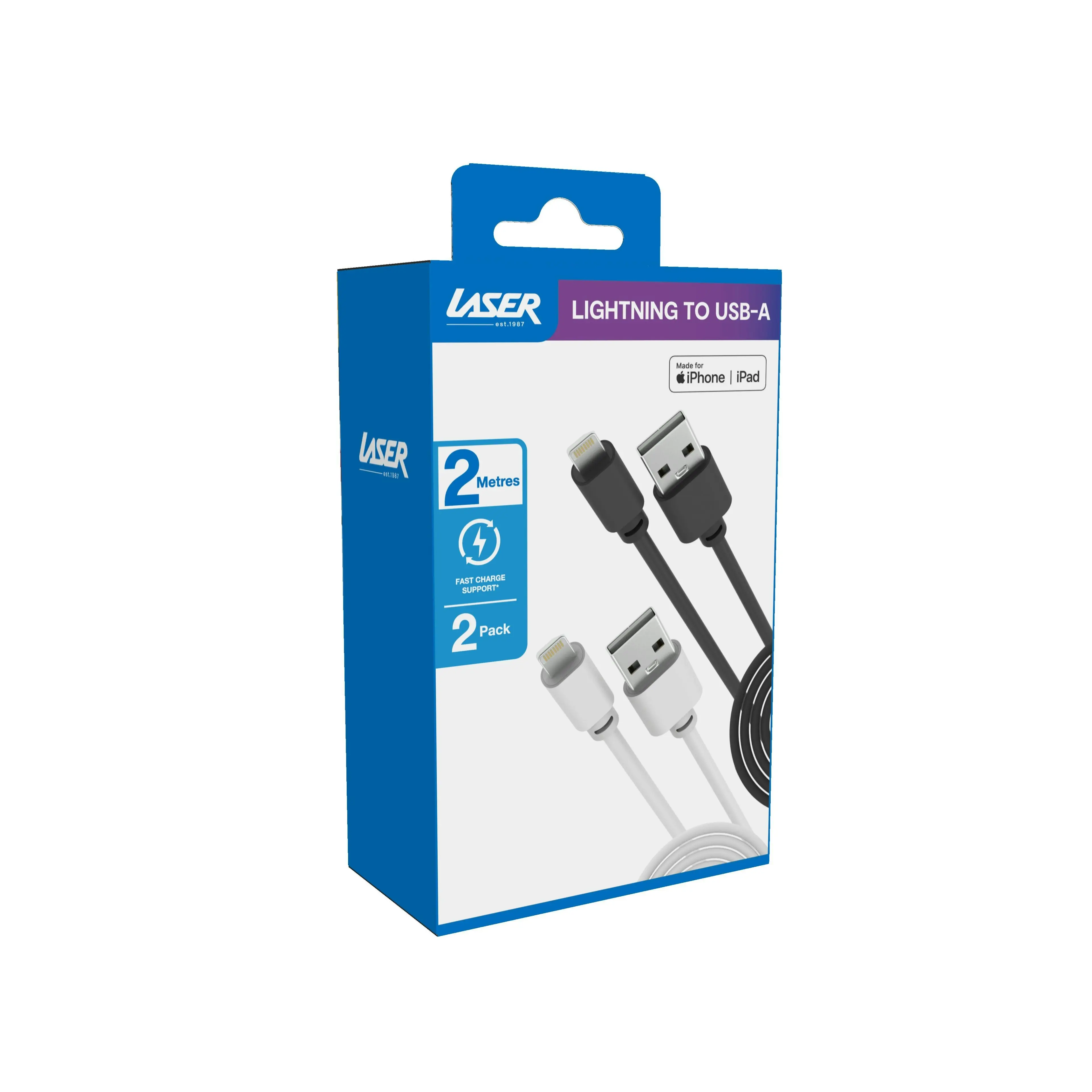 Laser MFi 2m Lightning Cable 2 Pack White/Black