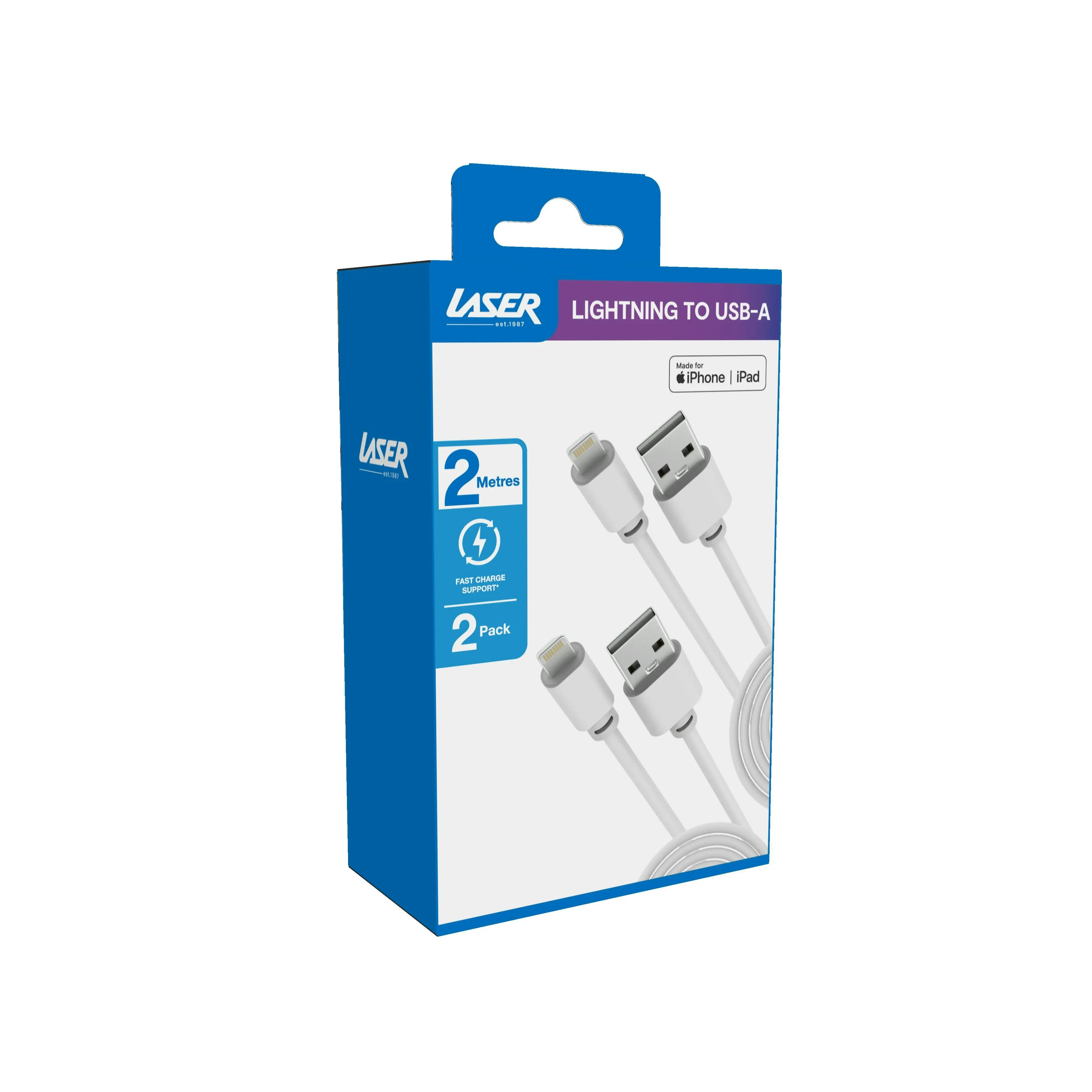 Laser MFi 2M White Lightning Cable 2-Pack Fast Charge