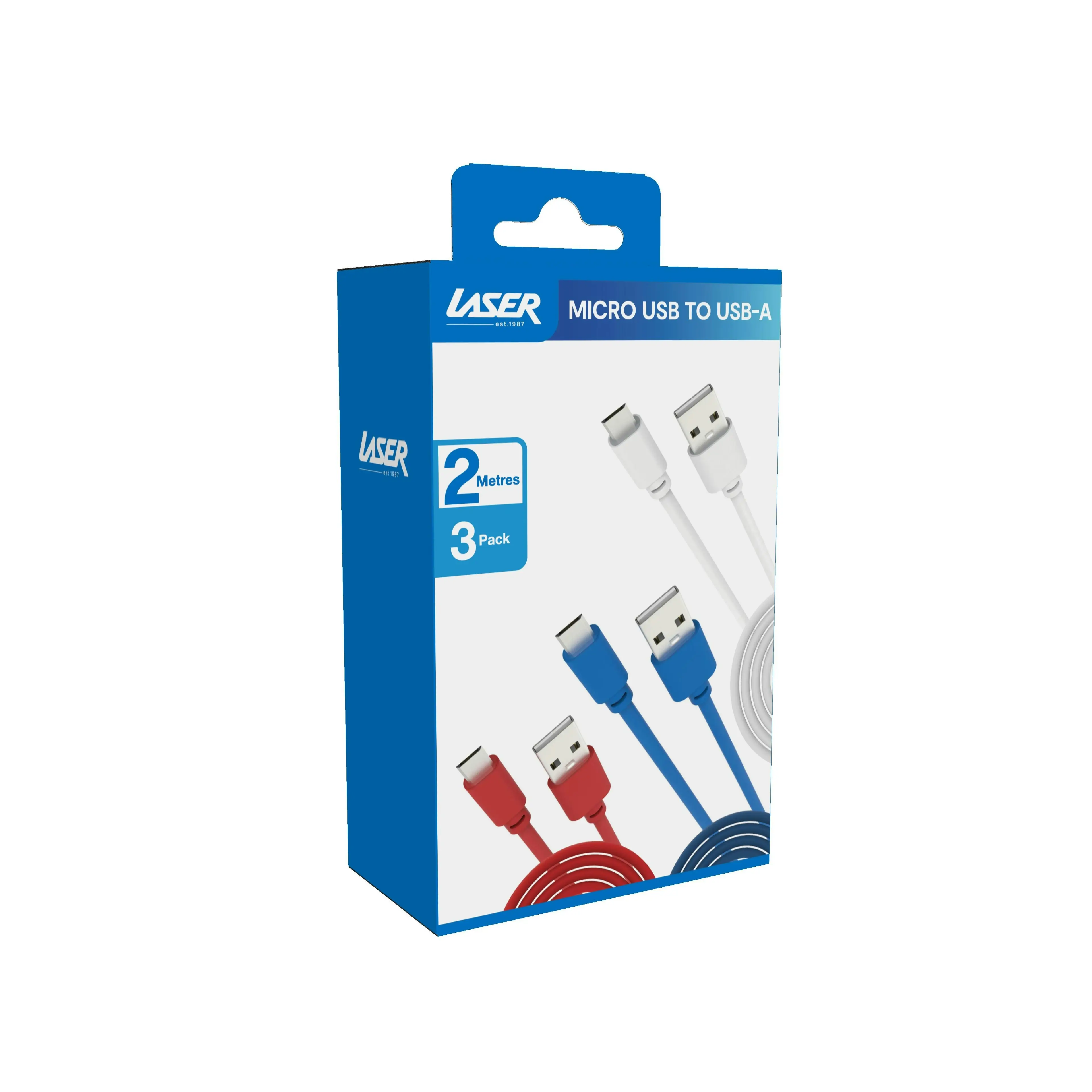 Laser 2M Multicolor Micro USB Cable Pack of 3 - Red, Blue, White