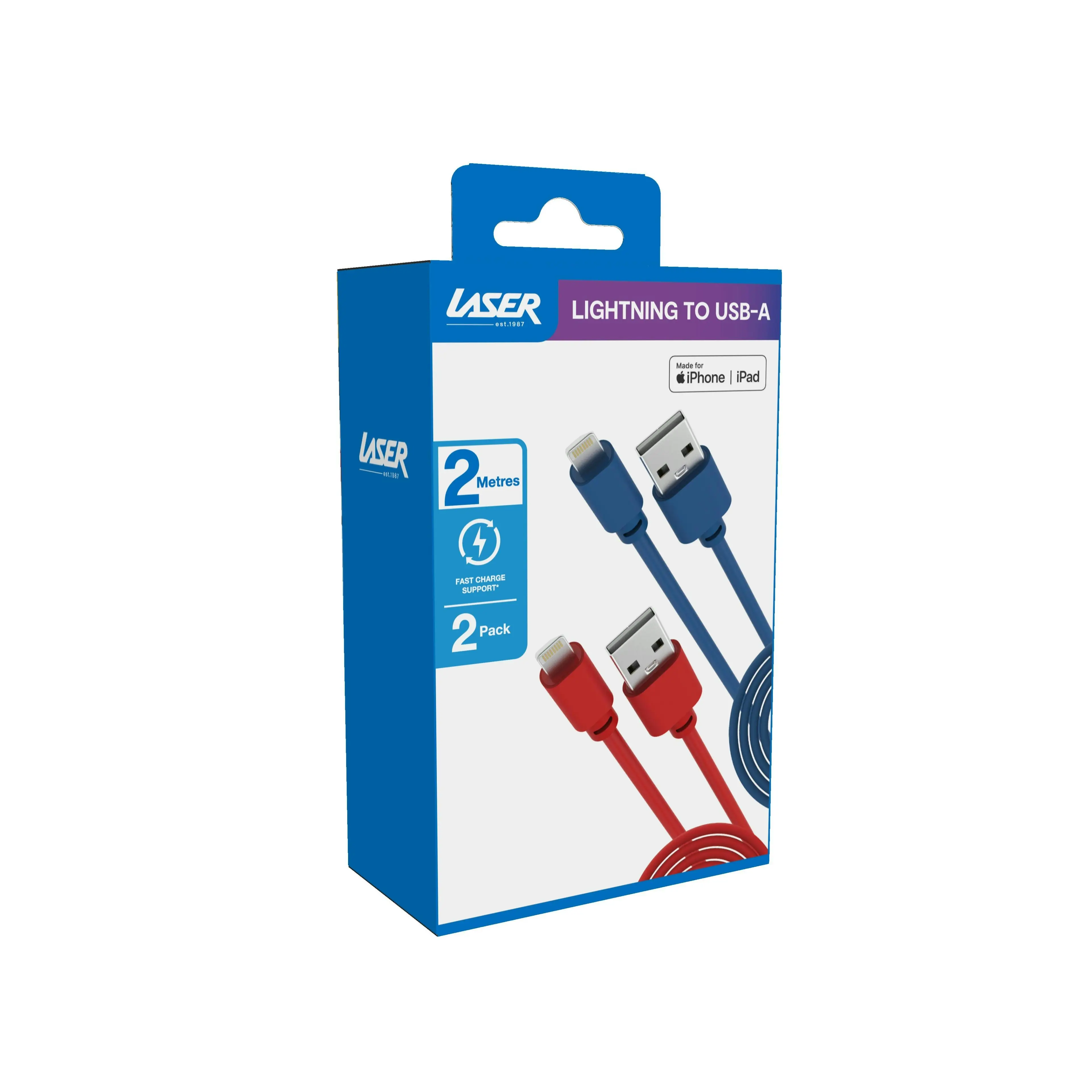 Laser MFi 2m Lightning Cable 2 Pack Red/Blue