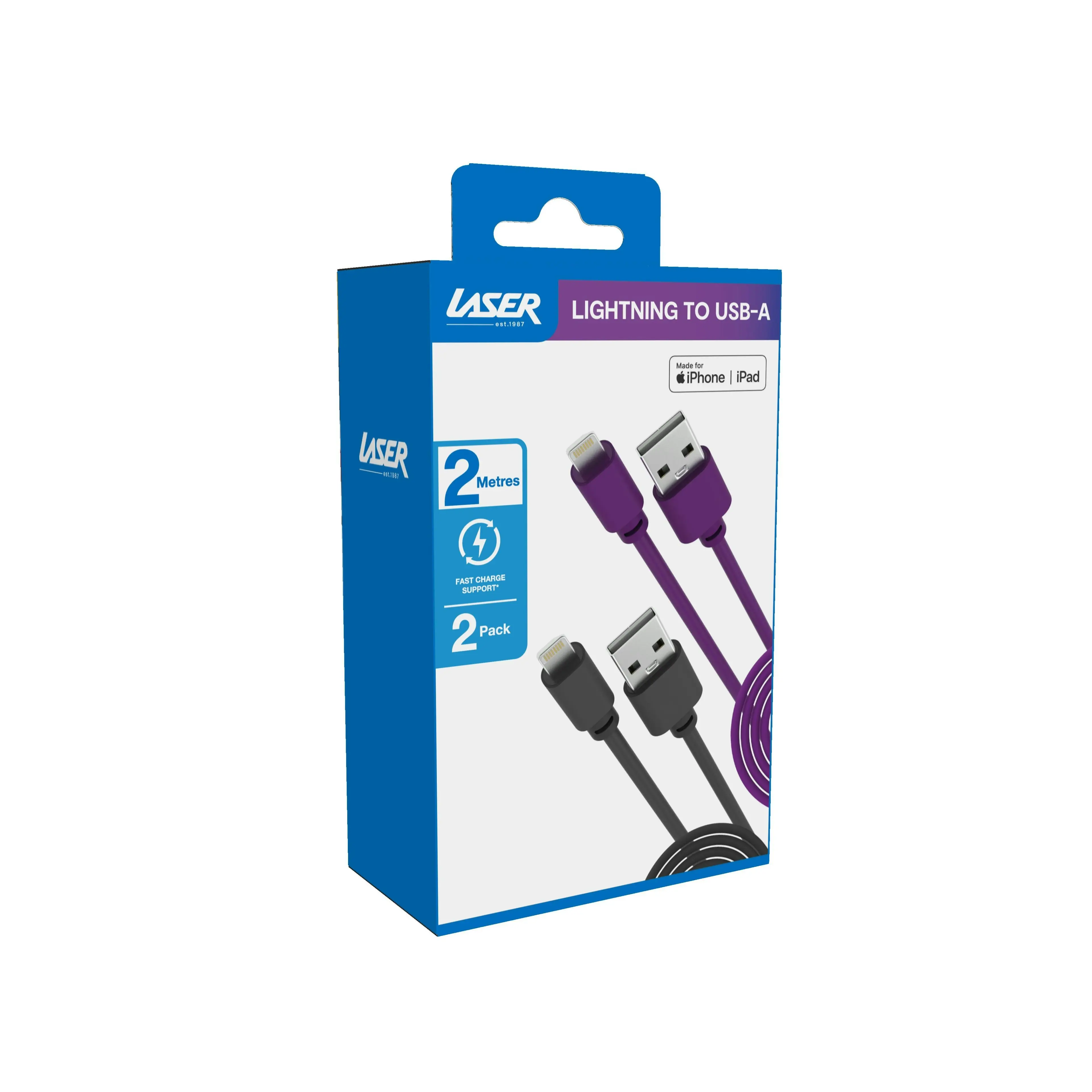 Laser 2M MFi Certified Lightning Cable Dual Pack Black/Purple Fast Charge