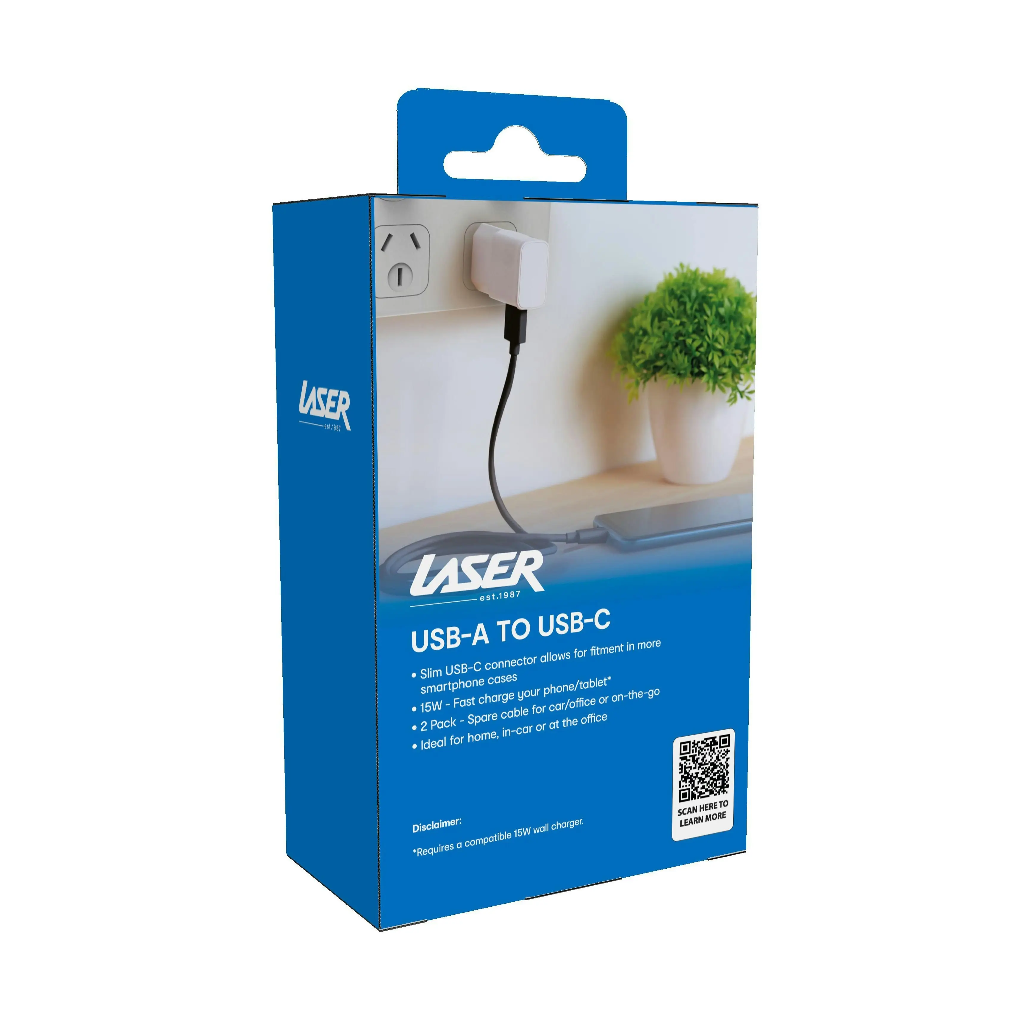 Laser USB-C to USB-A Fast Charge Cable 1M Black 2-Pack