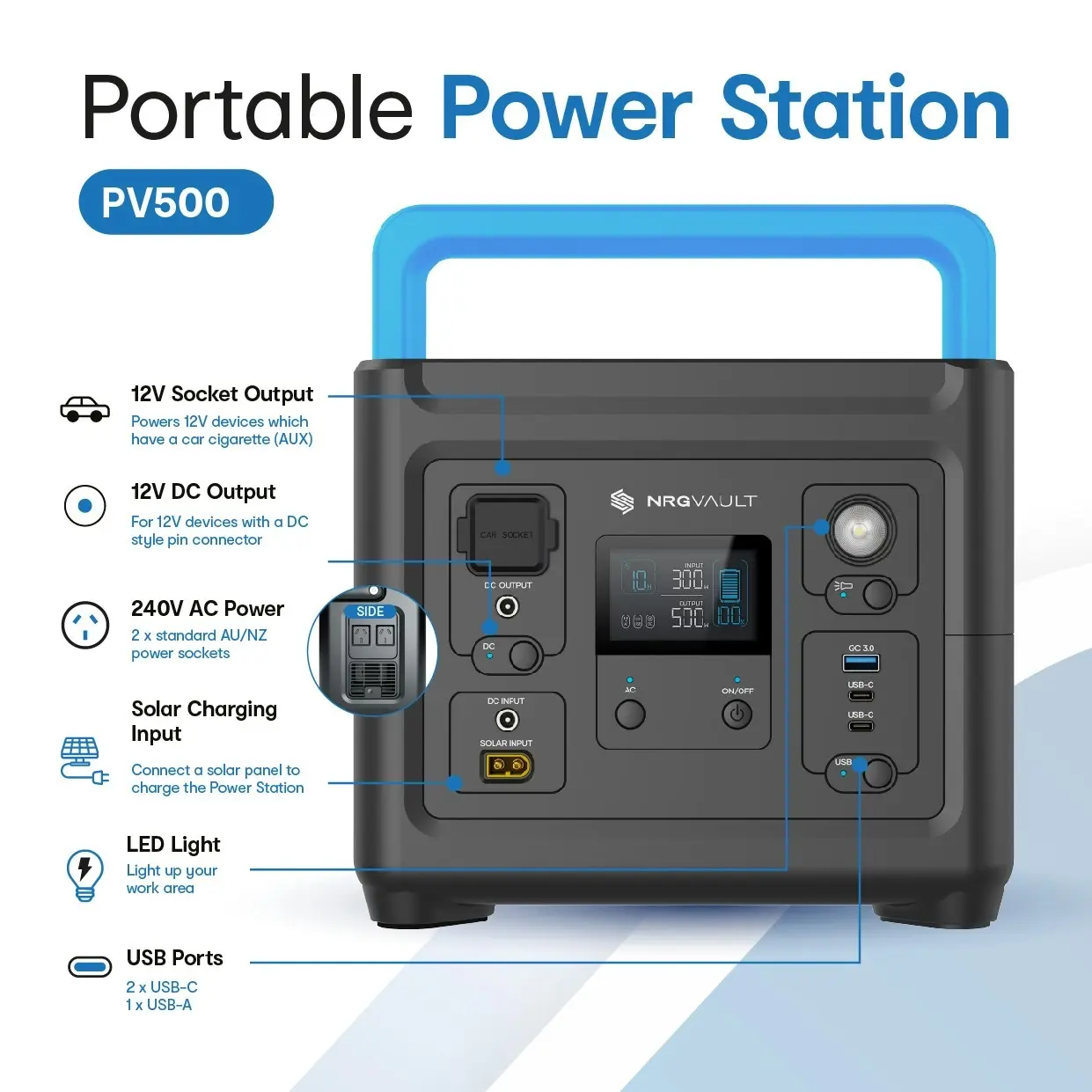 NRG Vault PV500 500W Portable Power Station with LiFePO4 Battery