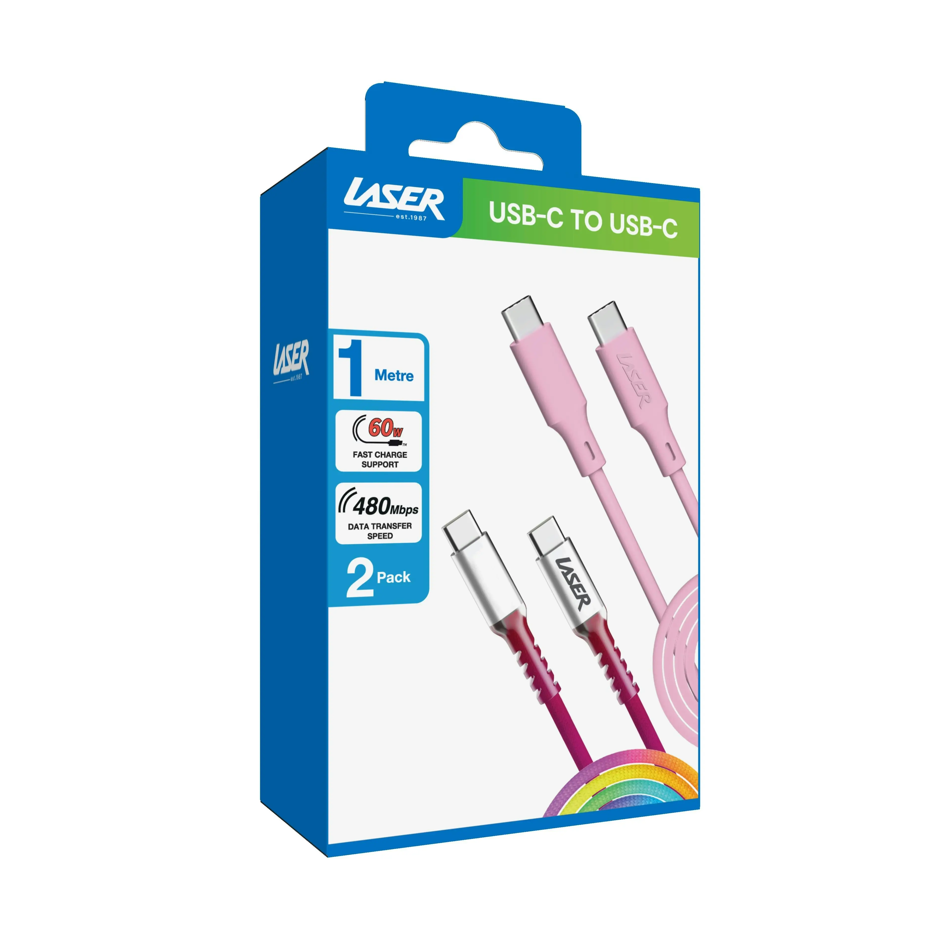 Laser USB-C to USB-C 1m Charging Cable 2 Pack - Rainbow Pink - 60W Fast Charge