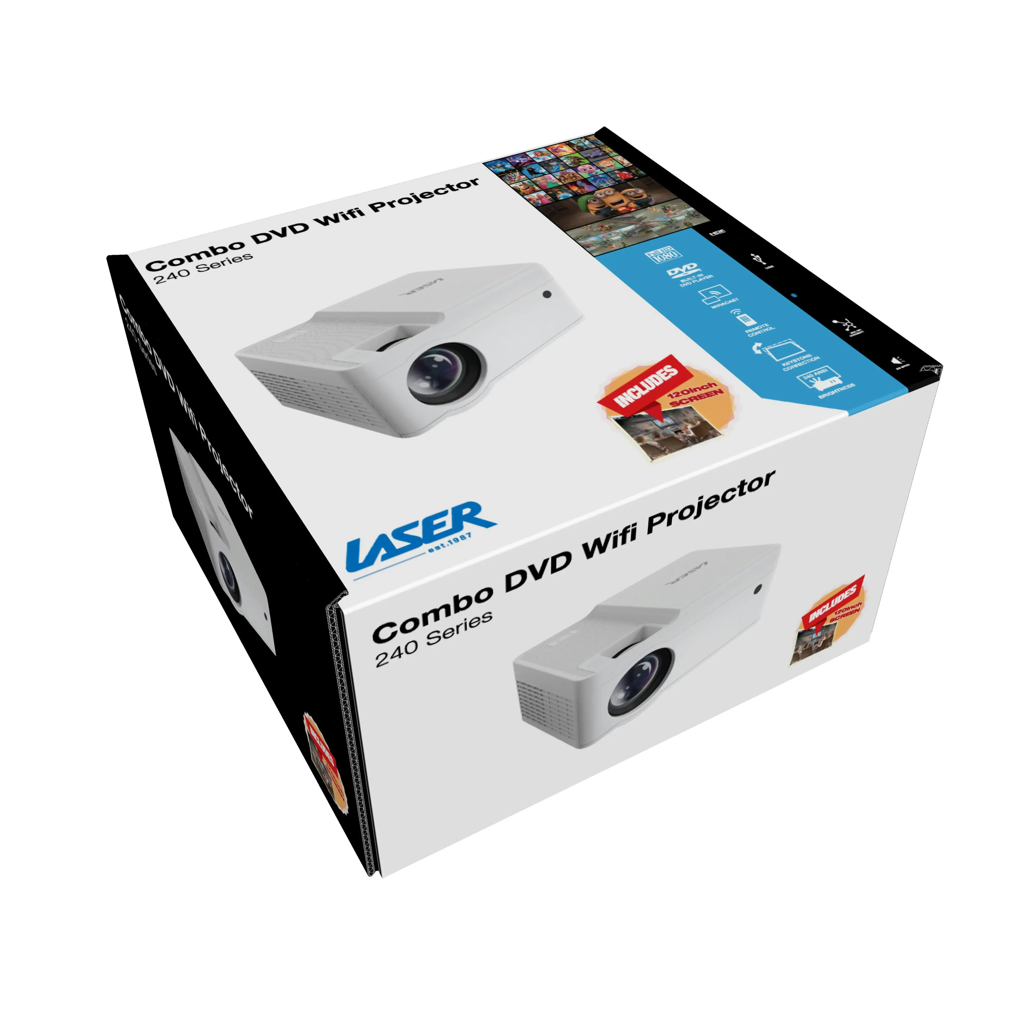 Laser 1080P LED WiFi Projector with Built-in DVD Player & 120" Screen