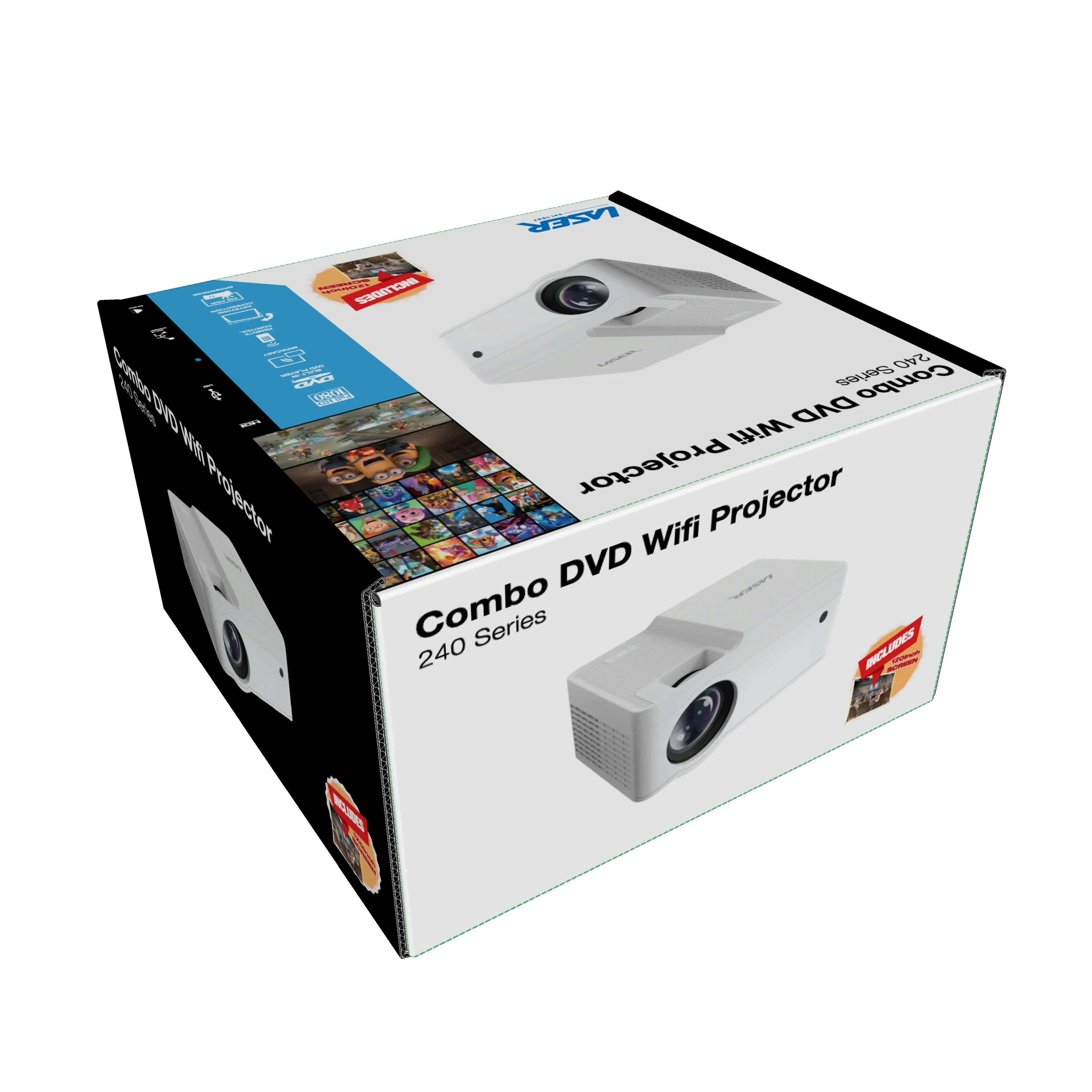 Laser 1080P LED WiFi Projector with Built-in DVD Player & 120" Screen