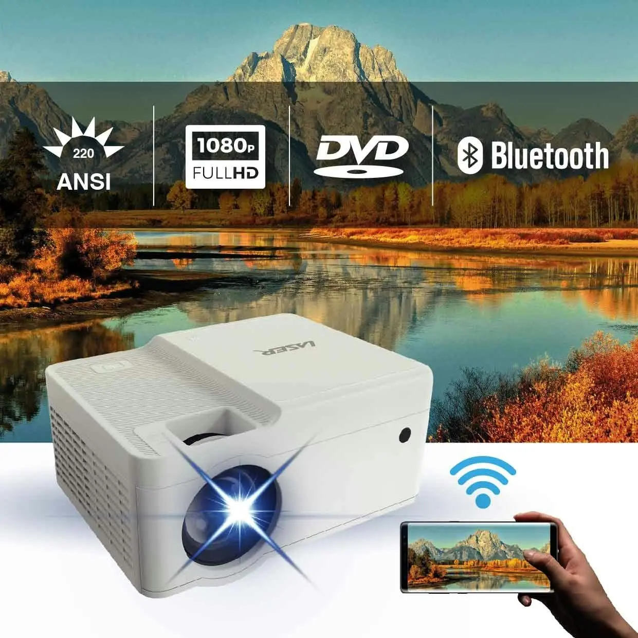 Laser 1080P LED WiFi Projector with Built-in DVD Player & 120" Screen