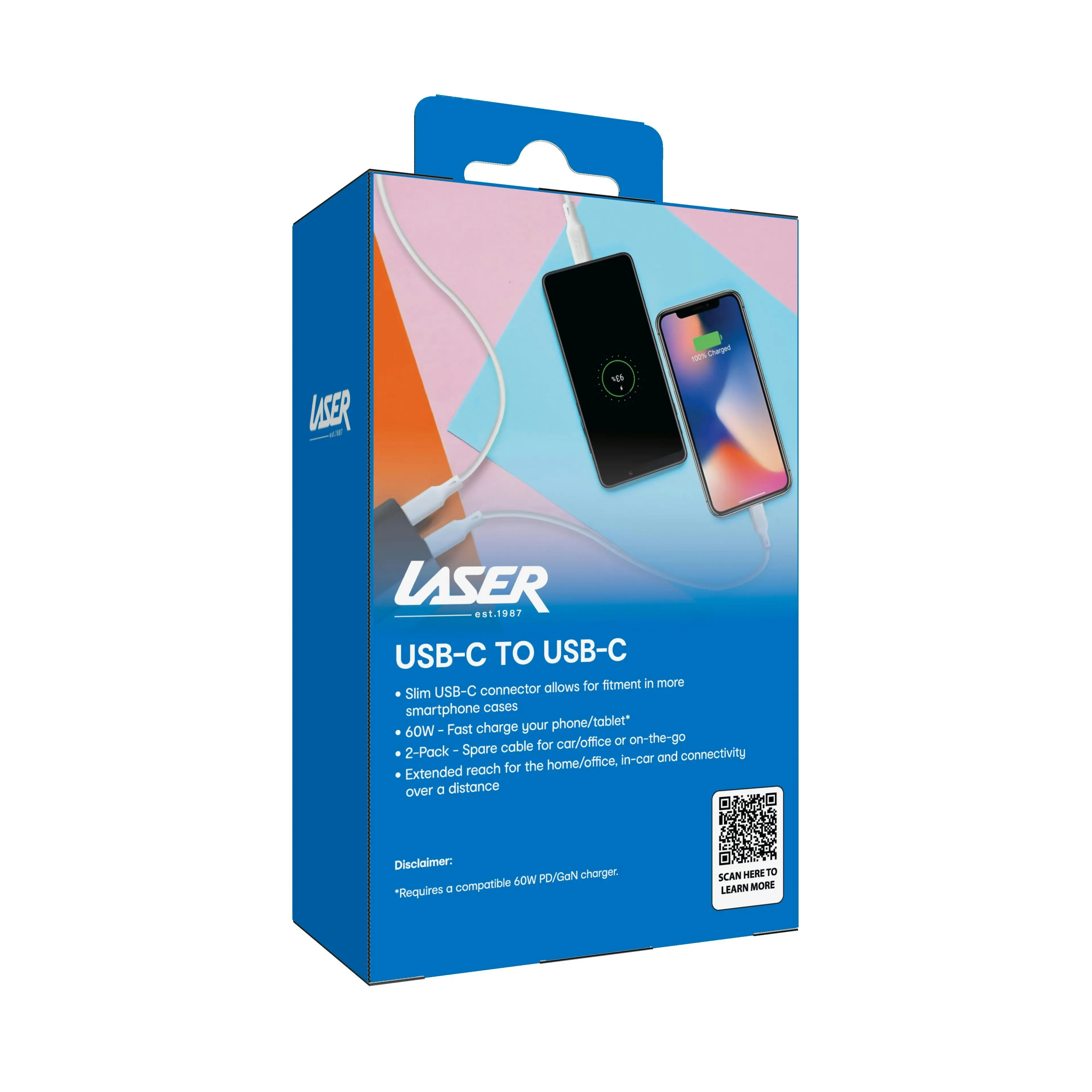 Laser 1m USB-C to USB-C Cable 60W Fast Charging for Phones/Tablets - 2 Pack