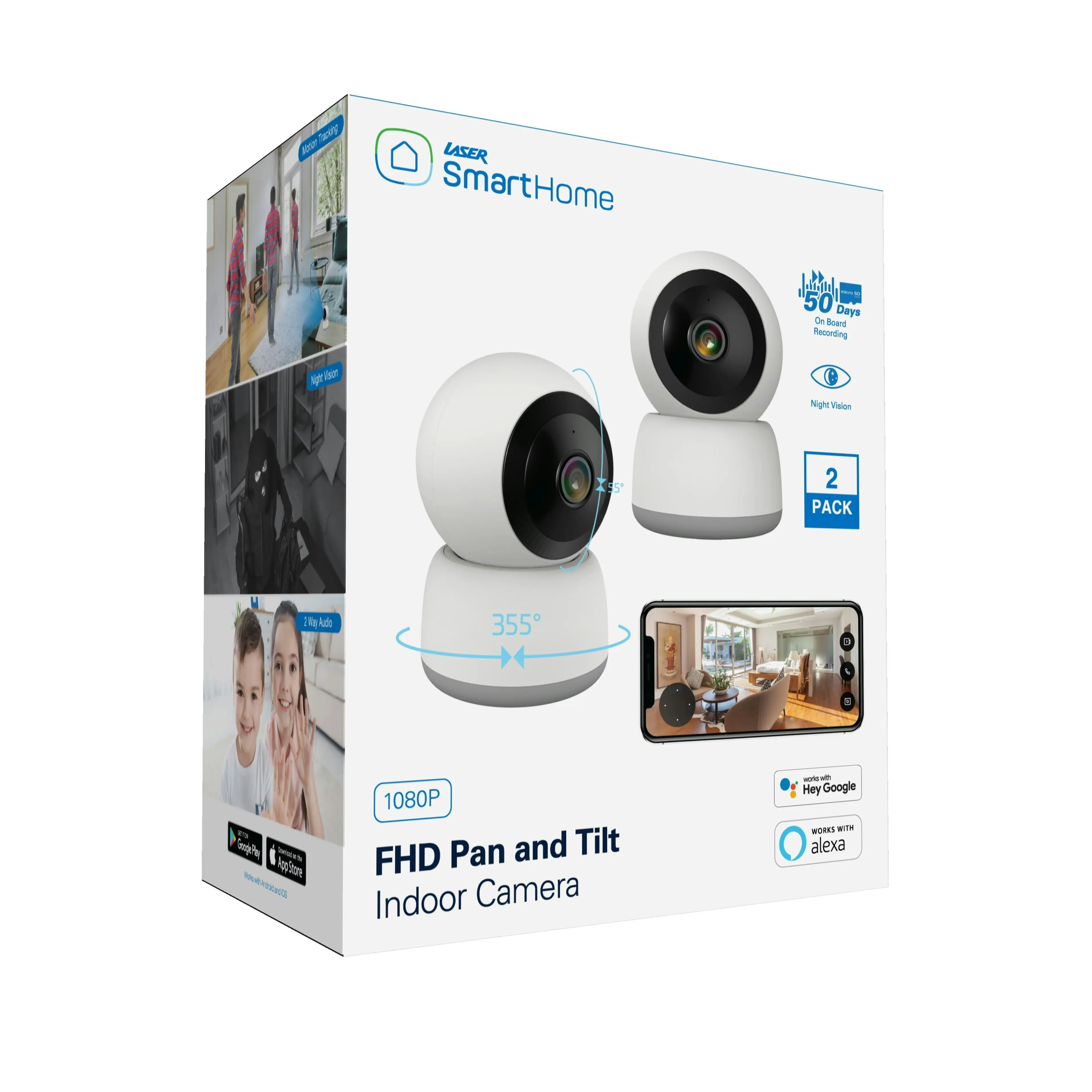 Laser 1080p Smart Home Camera 2-Pack: Pan, Tilt, Night Vision, 2-Way Audio