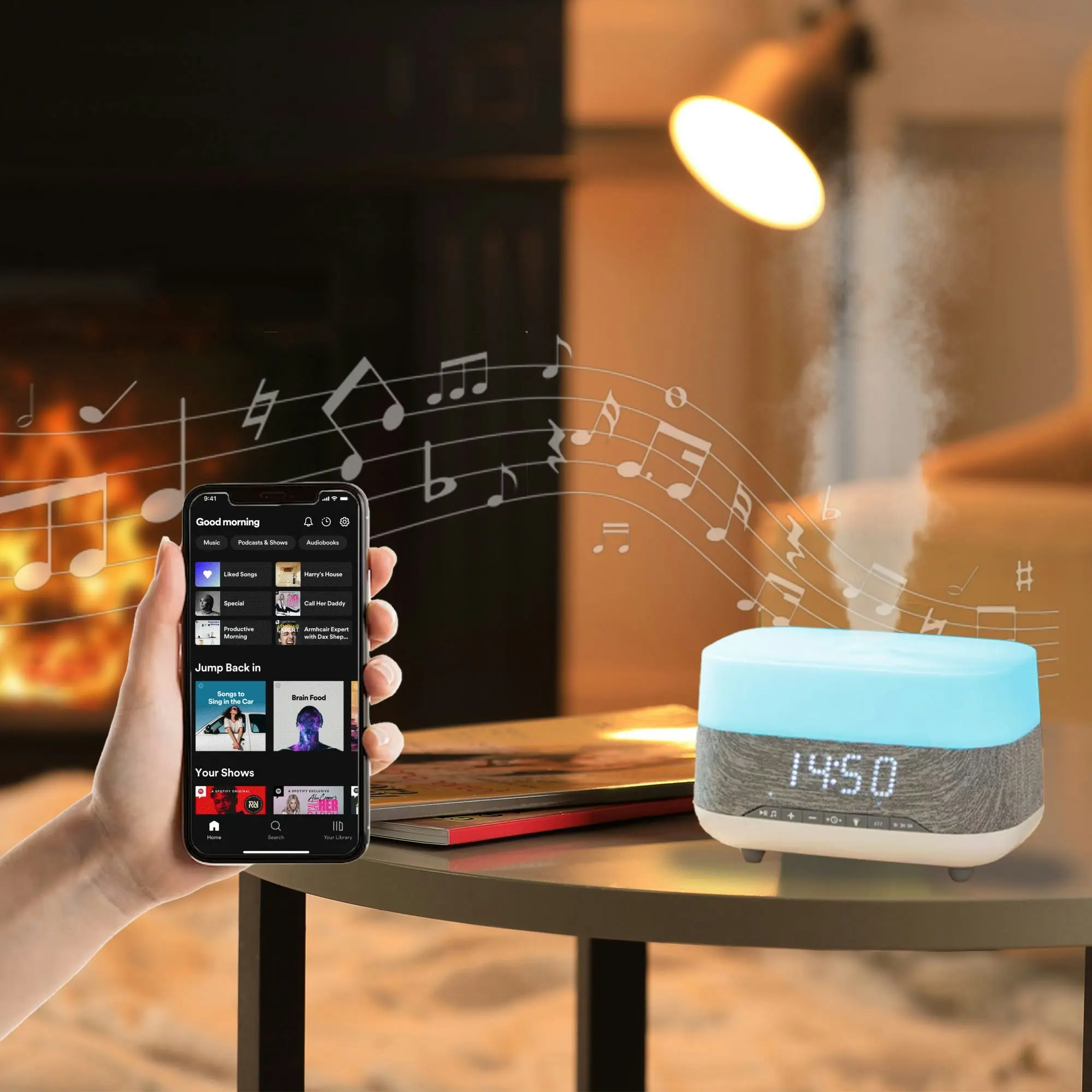 Laser Ambient Diffuser Clock Radio w/ Bluetooth Speaker & LED Light