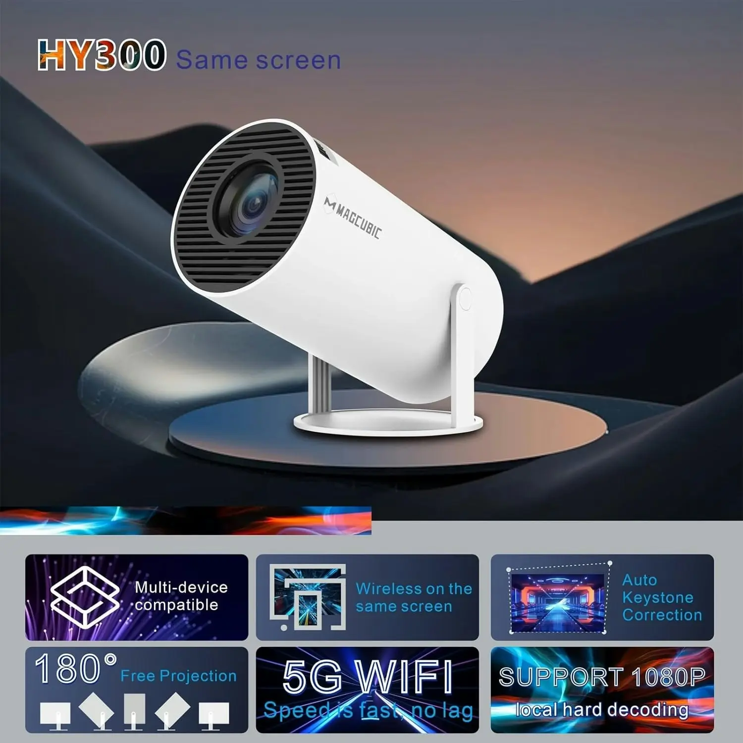 Magcubic HY300 Portable 4K Decoding Projector - WiFi6, Android 11, Bluetooth 5.0 - Ultra-Sharp Imaging, Smart Connectivity, Superior Audio