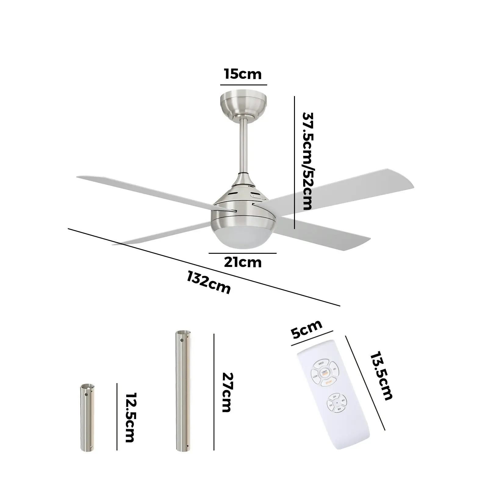 Vevare 52'' Ceiling Fan AC Motor with LED Light Remote Control Silver