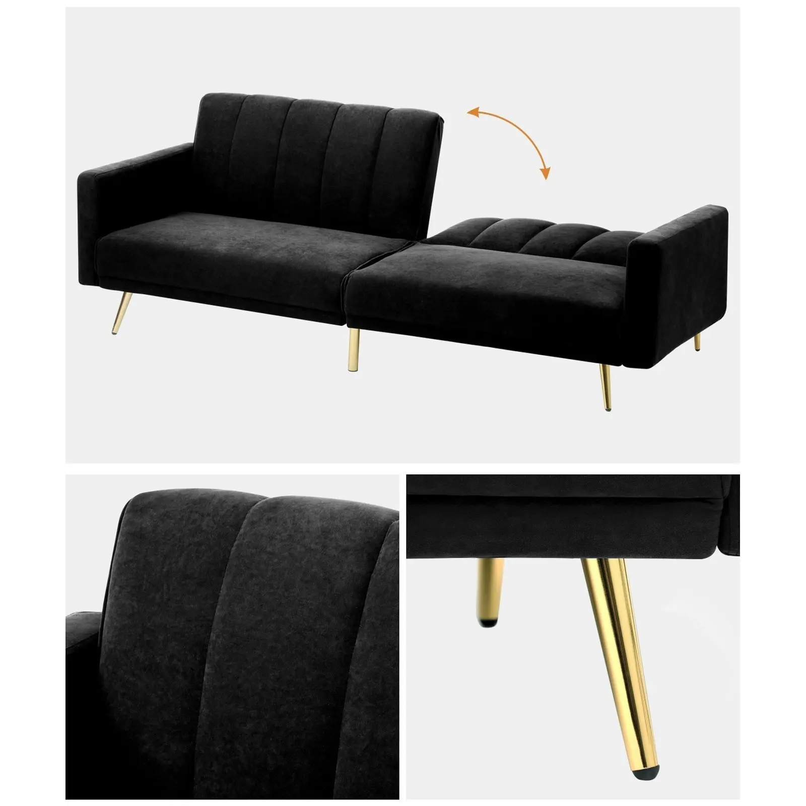 Oikiture Sofa Bed Lounge Couch Velvet Black