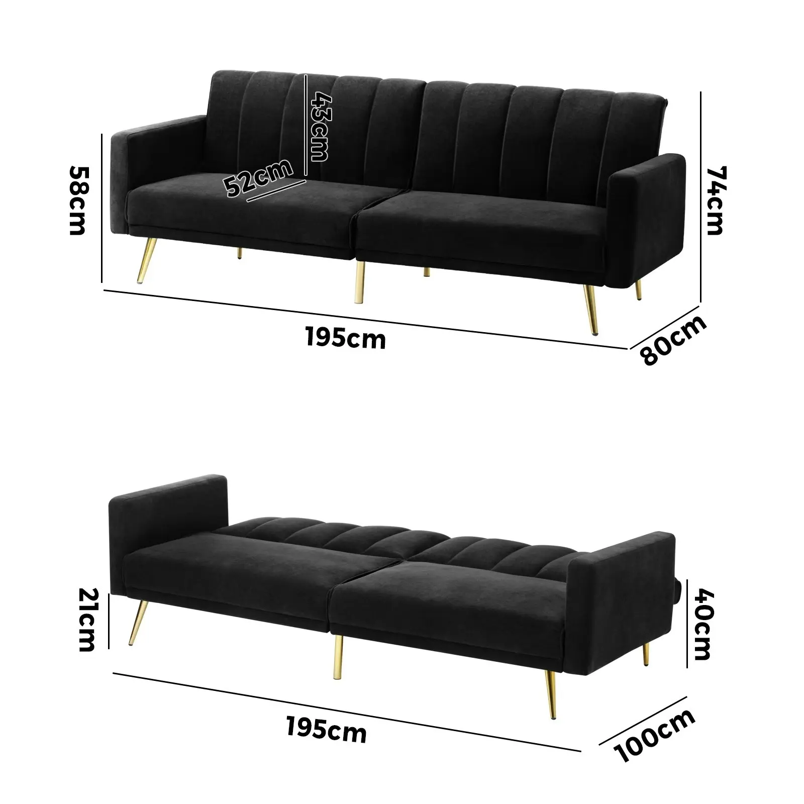 Oikiture Sofa Bed Lounge Couch Velvet Black