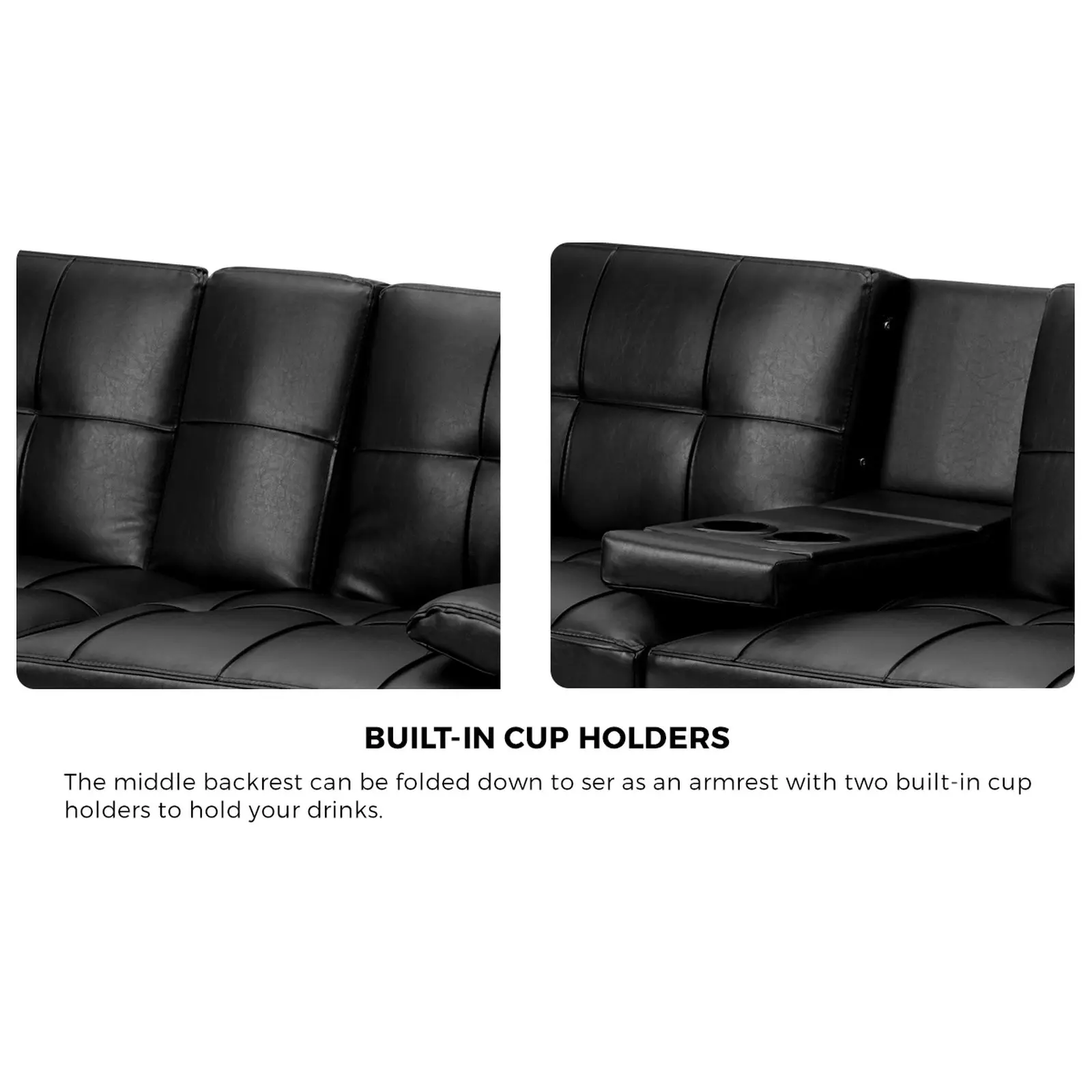 Oikiture Sofa Bed Lounge Cup Holder Leather Black