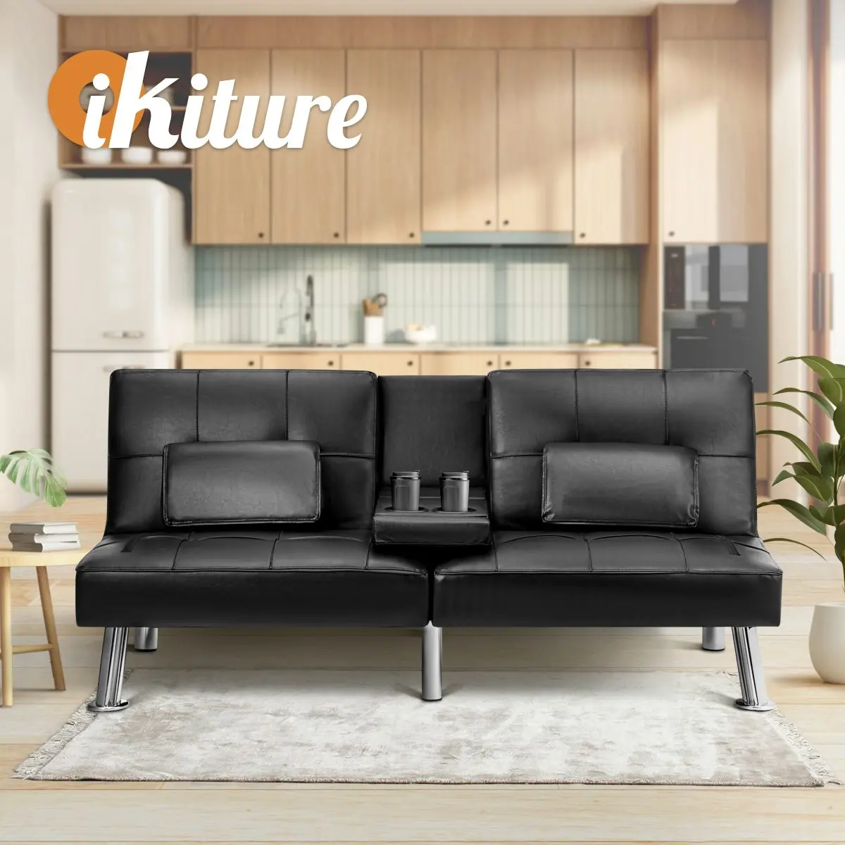 Oikiture Sofa Bed Lounge Cup Holder Leather Black