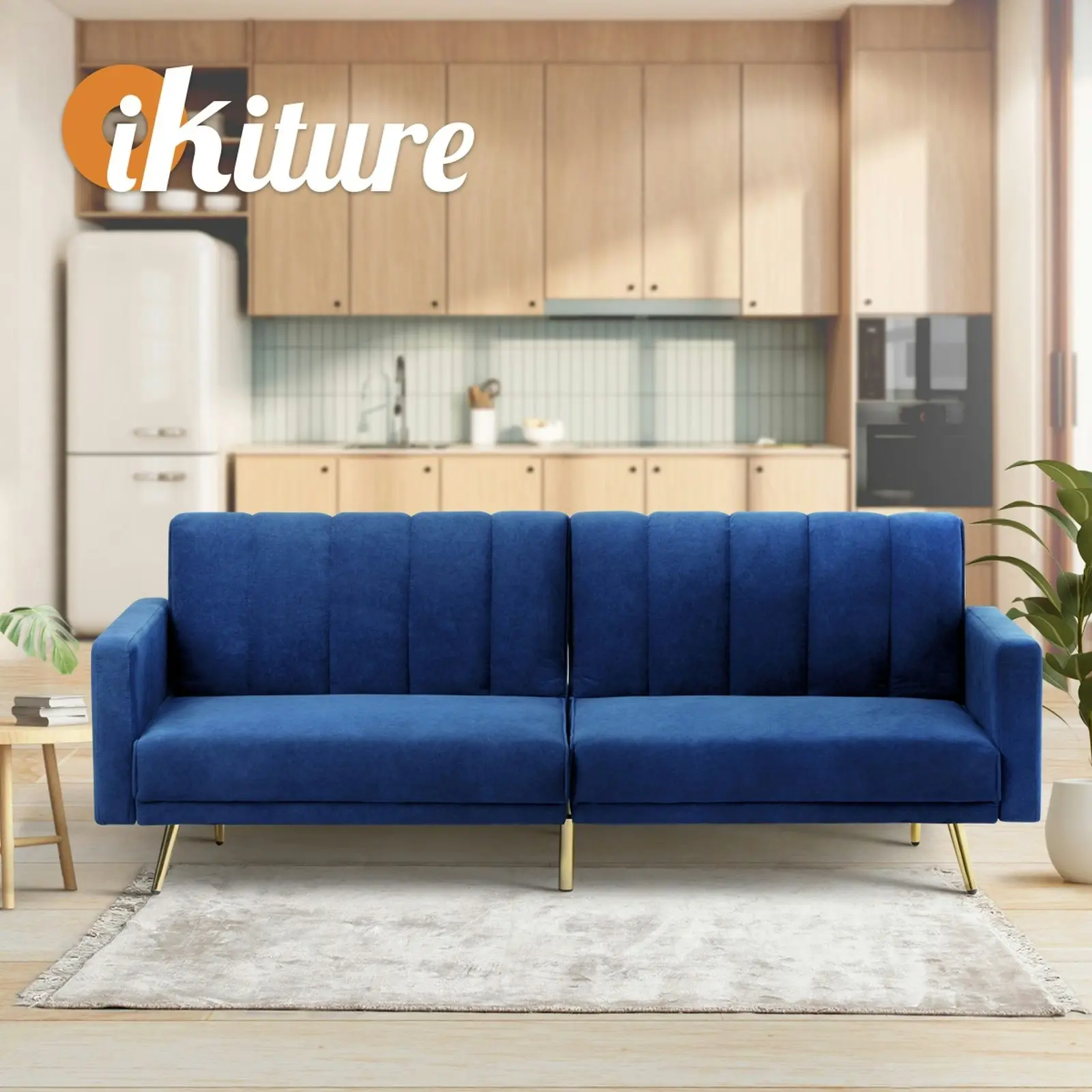 Oikiture 3 Seater Sofa Bed Lounge Velvet Blue