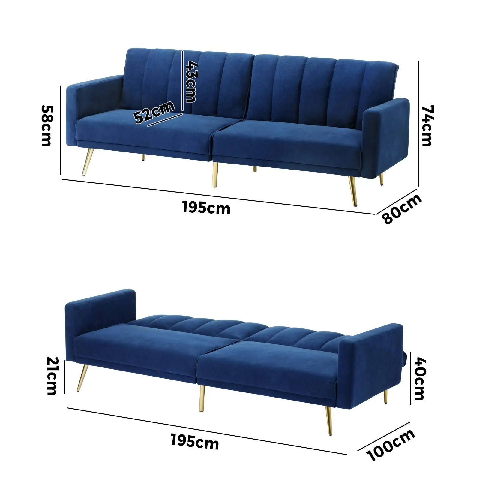 Oikiture 3 Seater Sofa Bed Lounge Velvet Blue