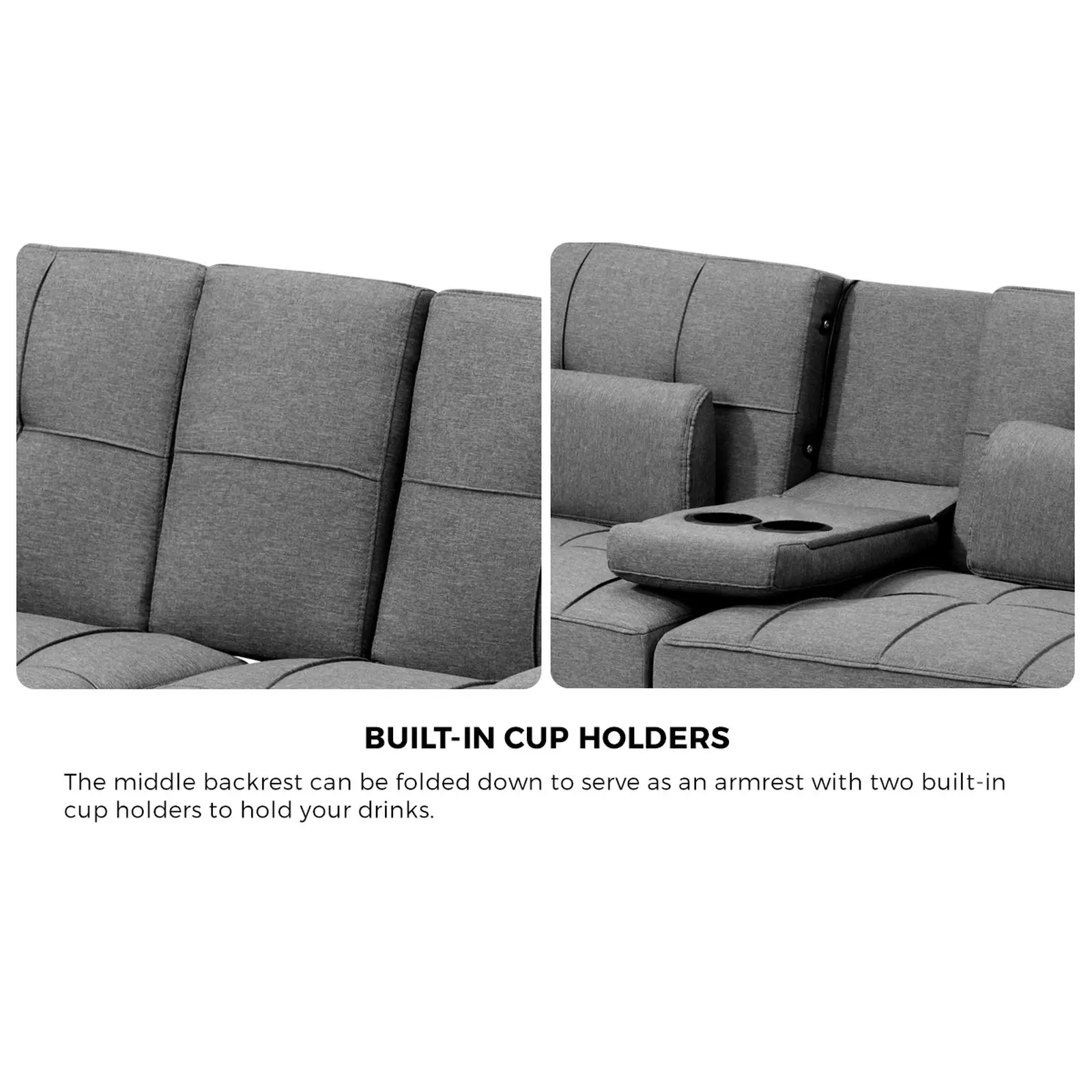 Oikiture Sofa Bed Lounge Cup Holder Grey Fabric