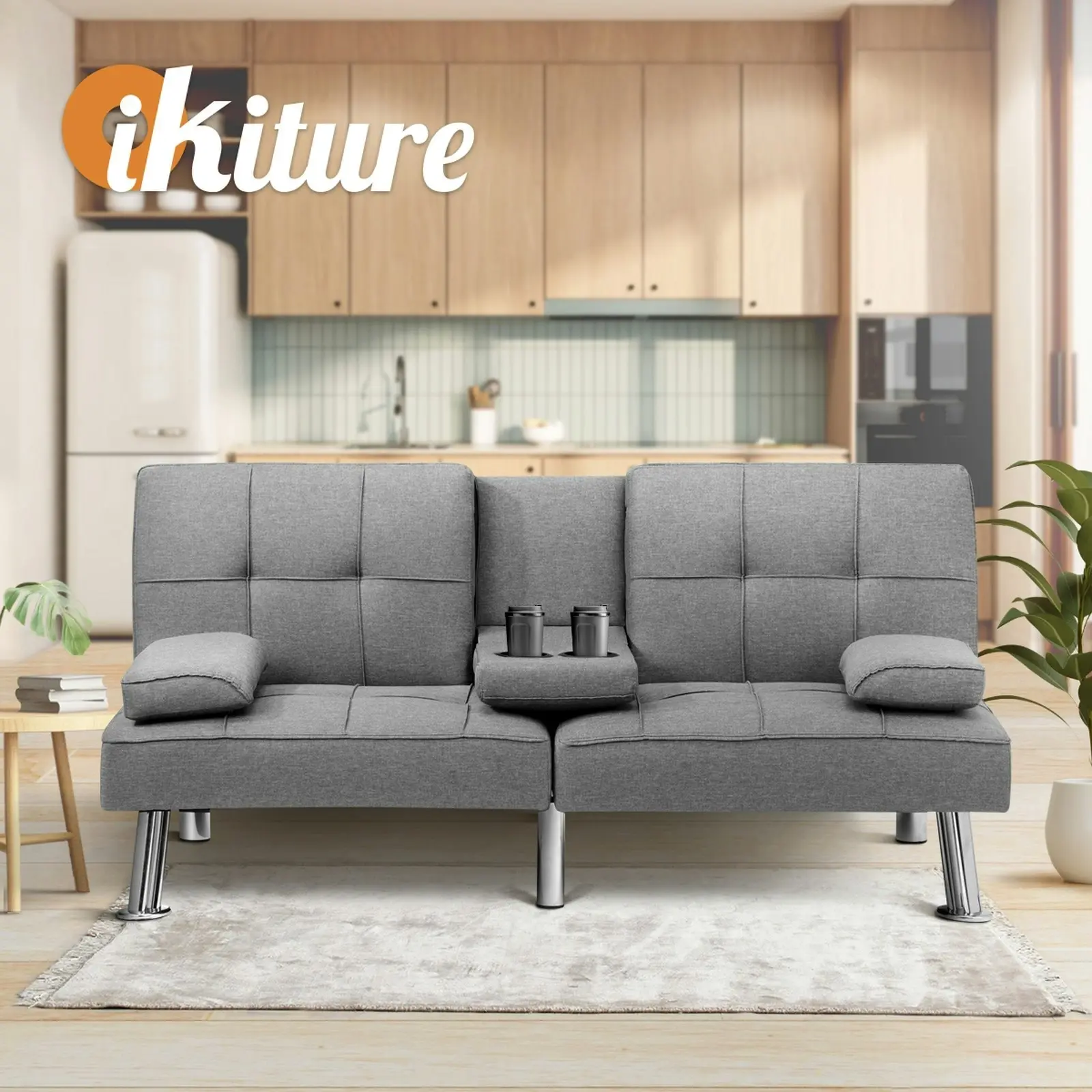 Oikiture Sofa Bed Lounge Cup Holder Grey Fabric