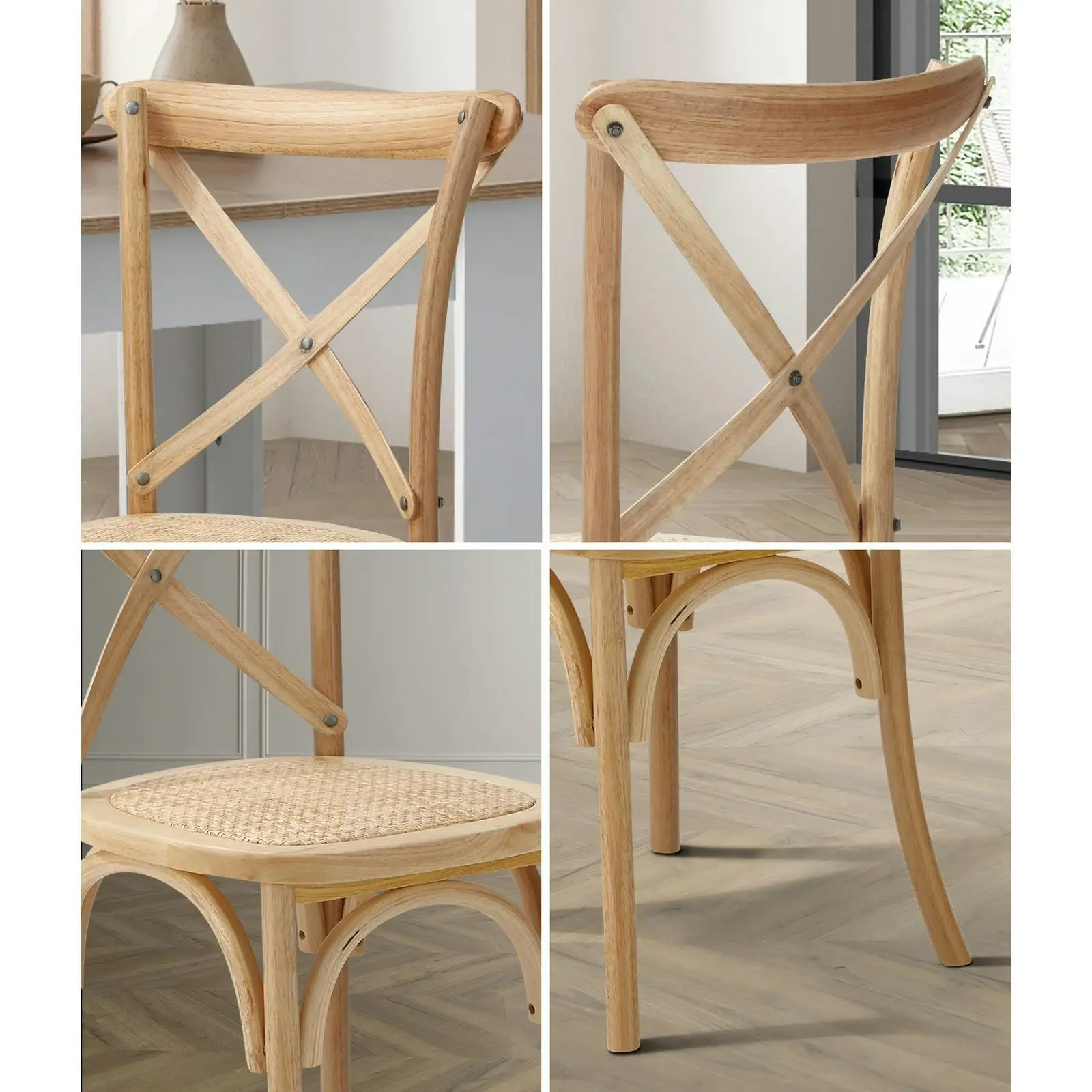 Oikiture 8PCS Crossback Dining Chair Solid Birch Timber Wood Ratan Seat Natural