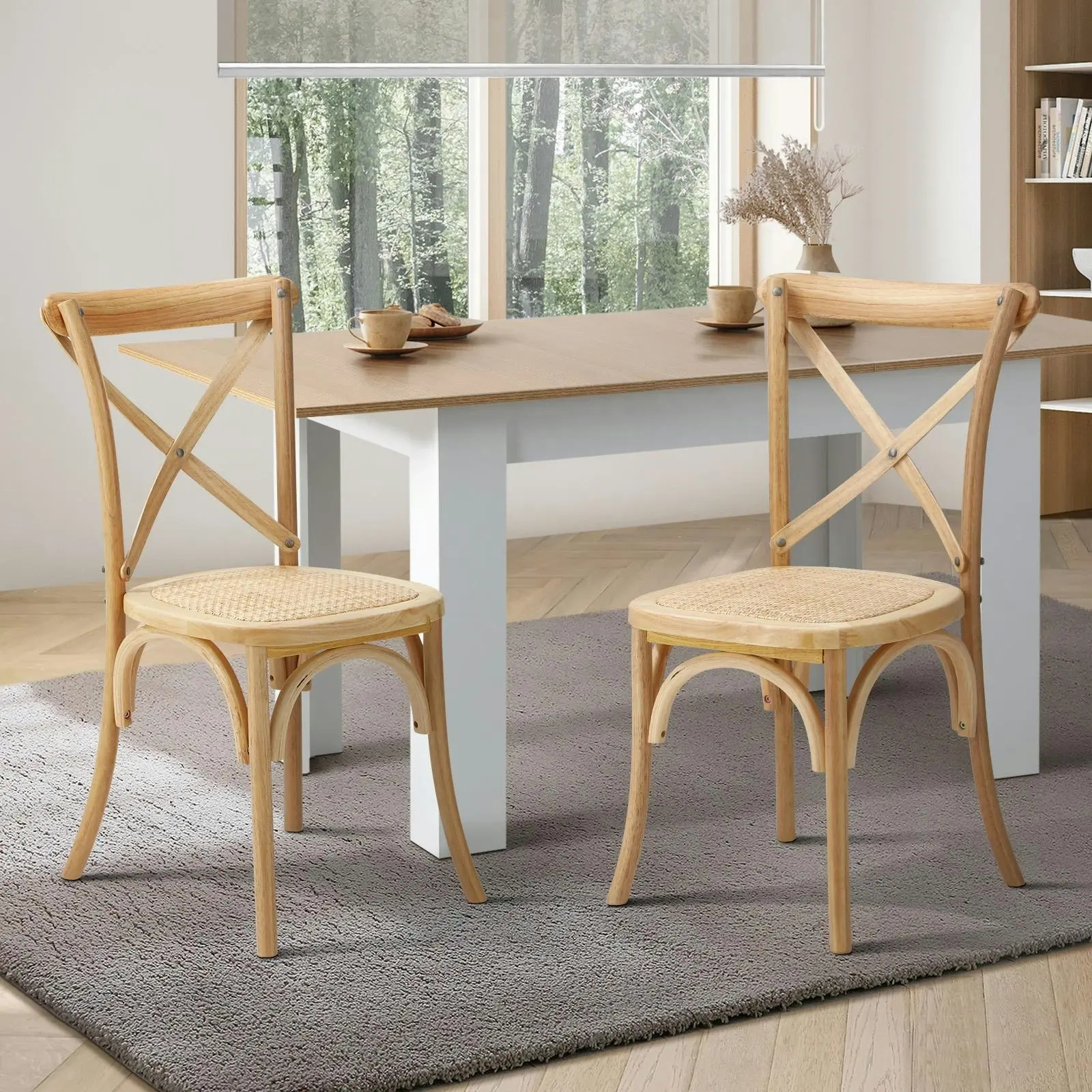 Oikiture 8PCS Crossback Dining Chair Solid Birch Timber Wood Ratan Seat Natural