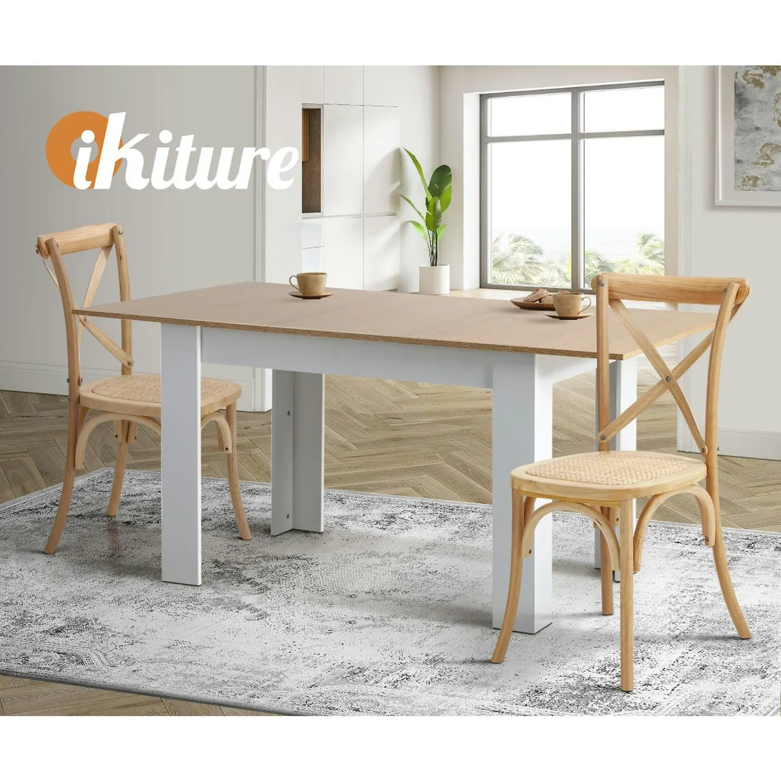 Oikiture 8PCS Crossback Dining Chair Solid Birch Timber Wood Ratan Seat Natural