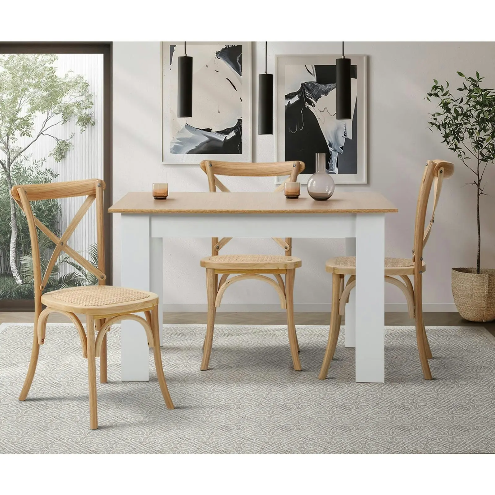 Oikiture 8PCS Crossback Dining Chair Solid Birch Timber Wood Ratan Seat Natural