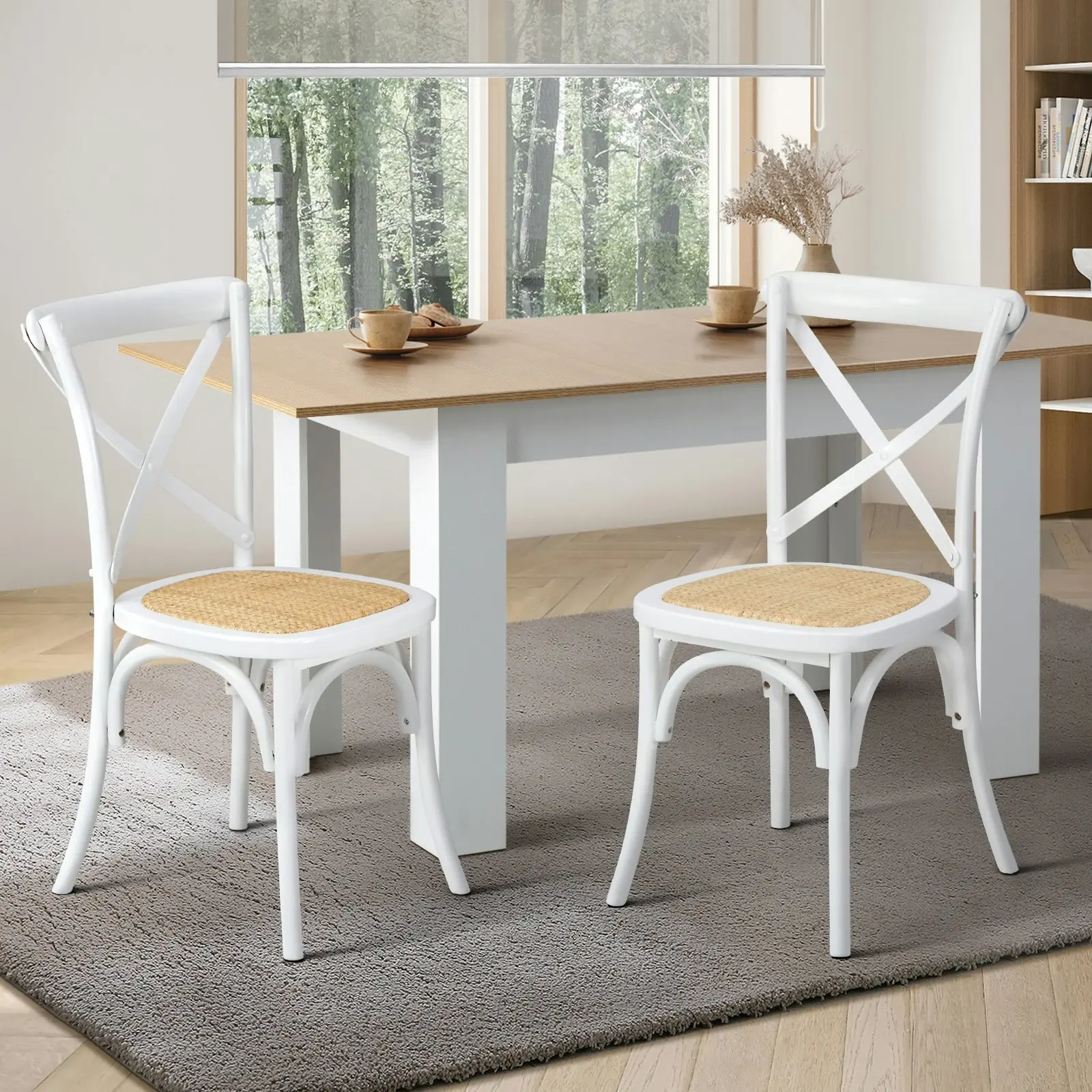 Oikiture 8PCS Crossback Dining Chair Solid Birch Timber Wood Ratan Seat White