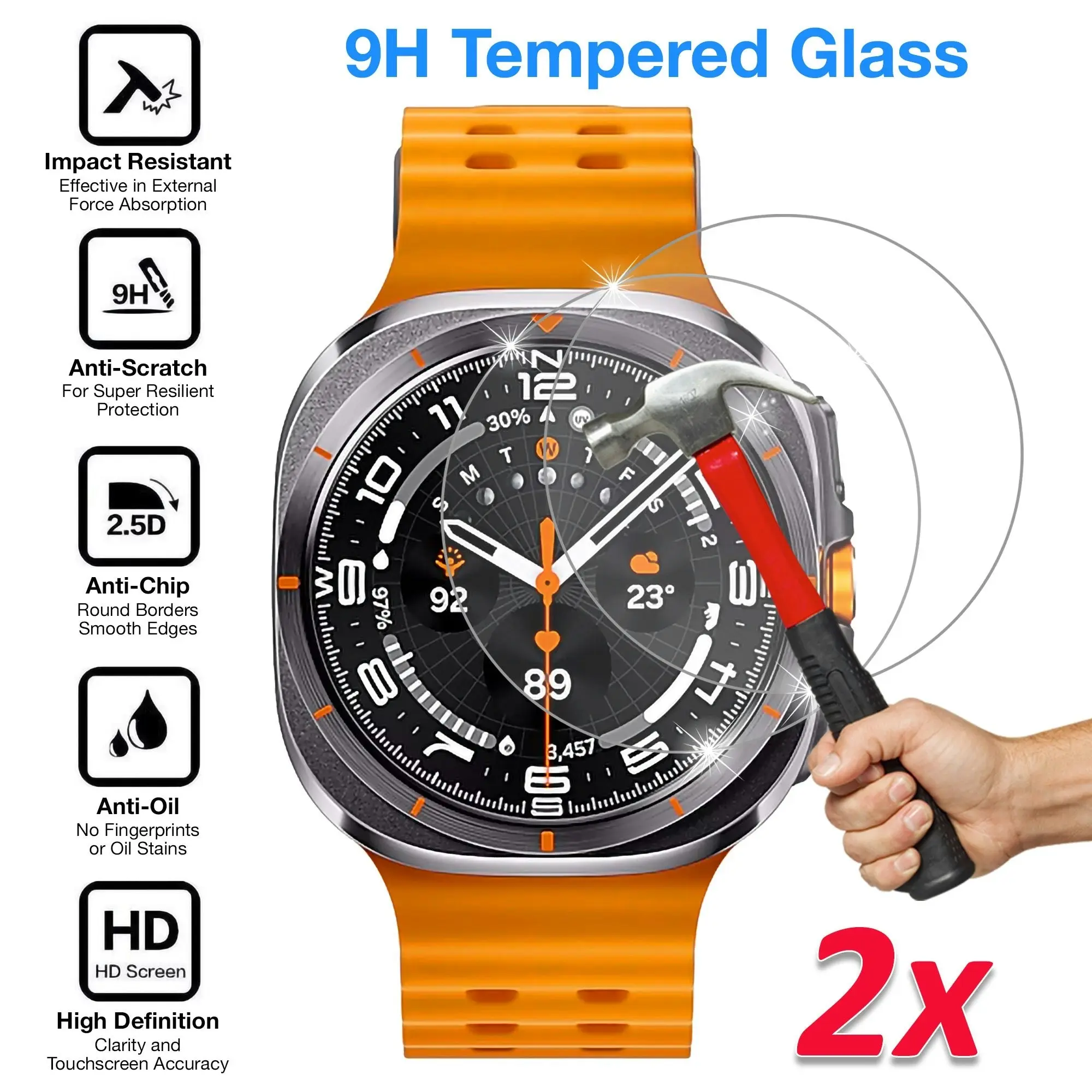 [2 Pack] MEZON Samsung Galaxy Watch Ultra (47 mm) Premium Tempered Glass Protector Shock Absorption (Galaxy Watch Ultra 47mm, 9H)