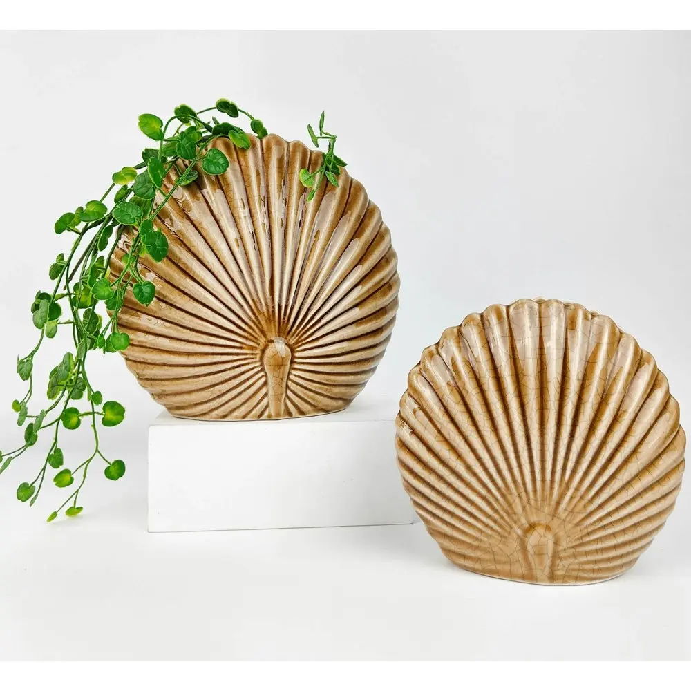 2x Urban Amari Fan Palm 13cm Ceramic Flower Vase Decor Display Small Caramel