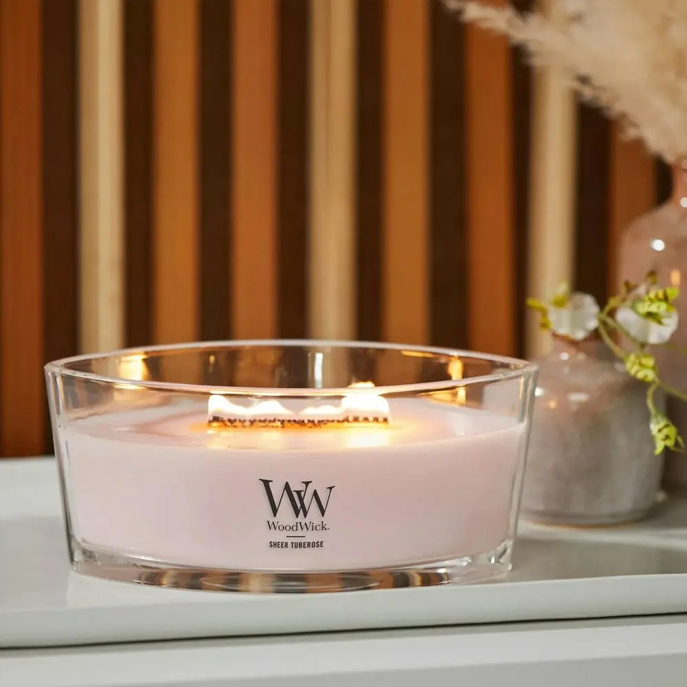 WoodWick 453g Scented Home Fragrance Soy Wax Candle Sheer Tuberose Ellipse Pink