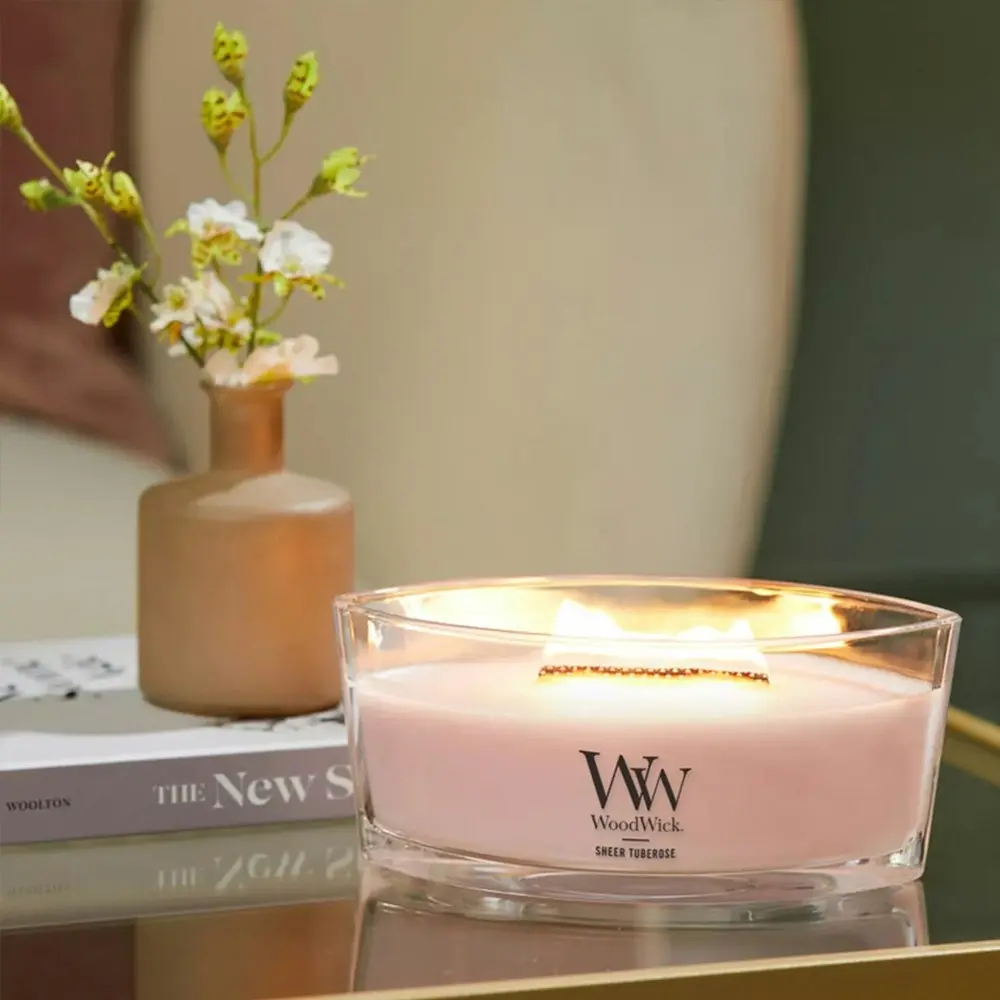 WoodWick 453g Scented Home Fragrance Soy Wax Candle Sheer Tuberose Ellipse Pink