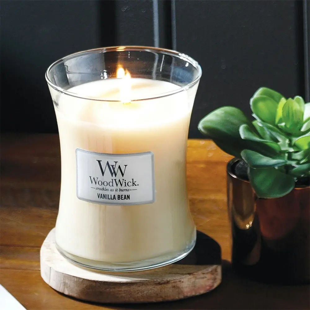 WoodWick Vanilla Bean Scented Crafted Candle Glass Jar Soy Wax w/ Lid Medium