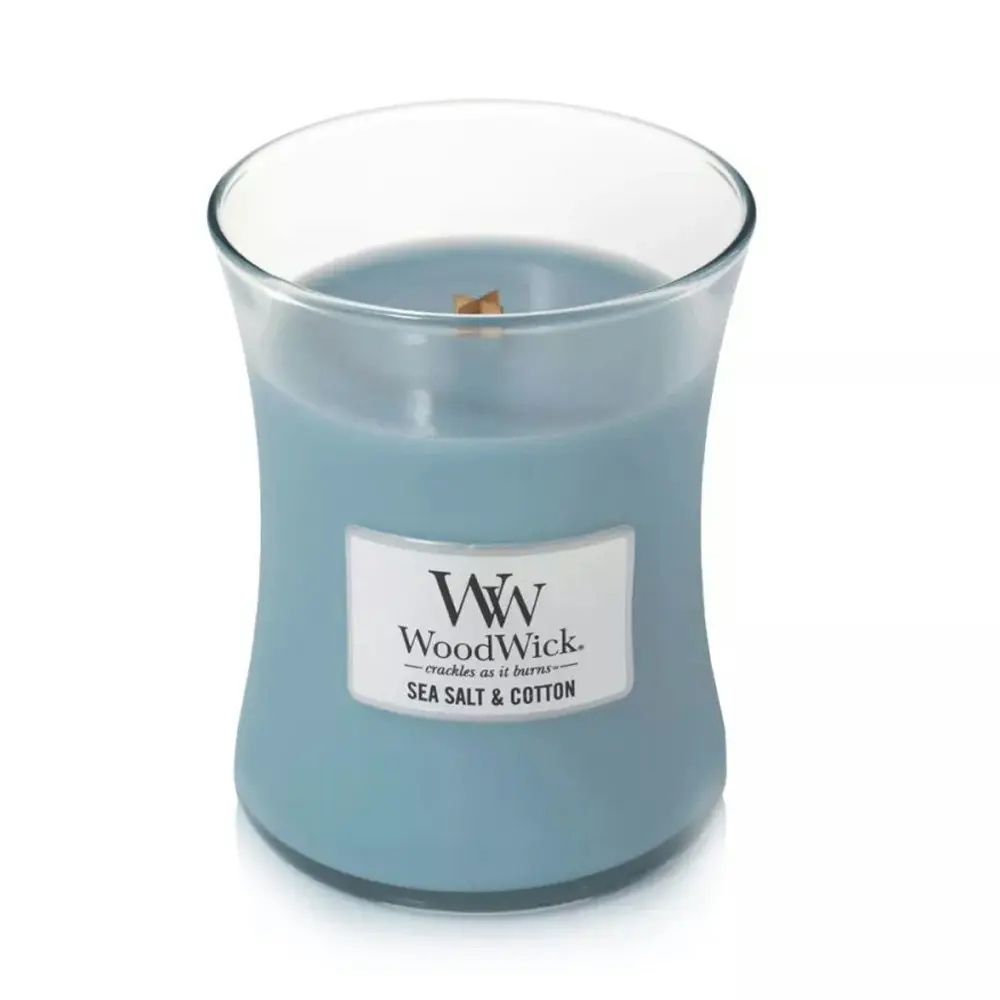 WoodWick 274g Scented Fragrance Soy Wax Candle Sea Salt & Cotton Medium Blue