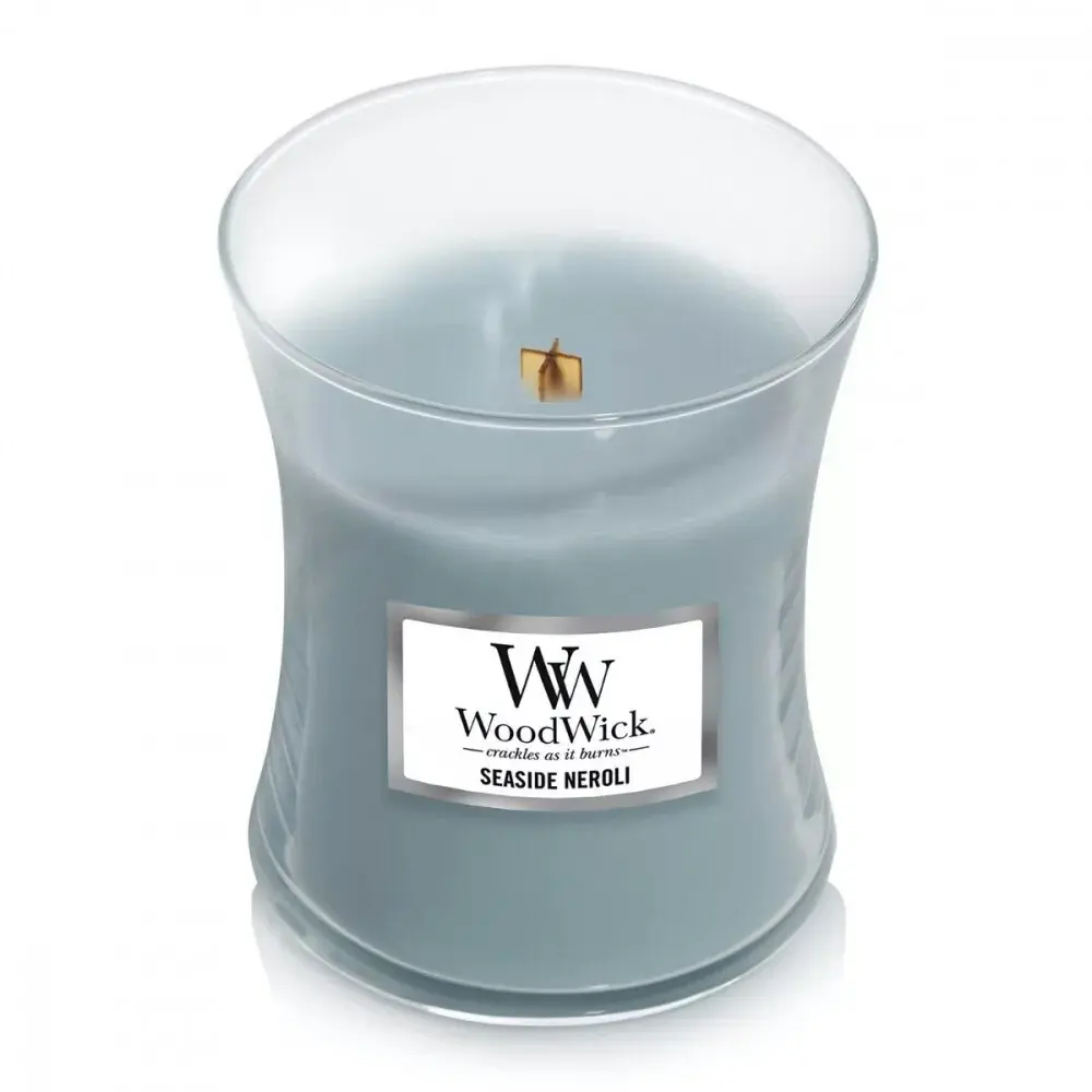 WoodWick 274g Scented Home Fragrance Soy Wax Candle Seaside Neroli Medium Blue