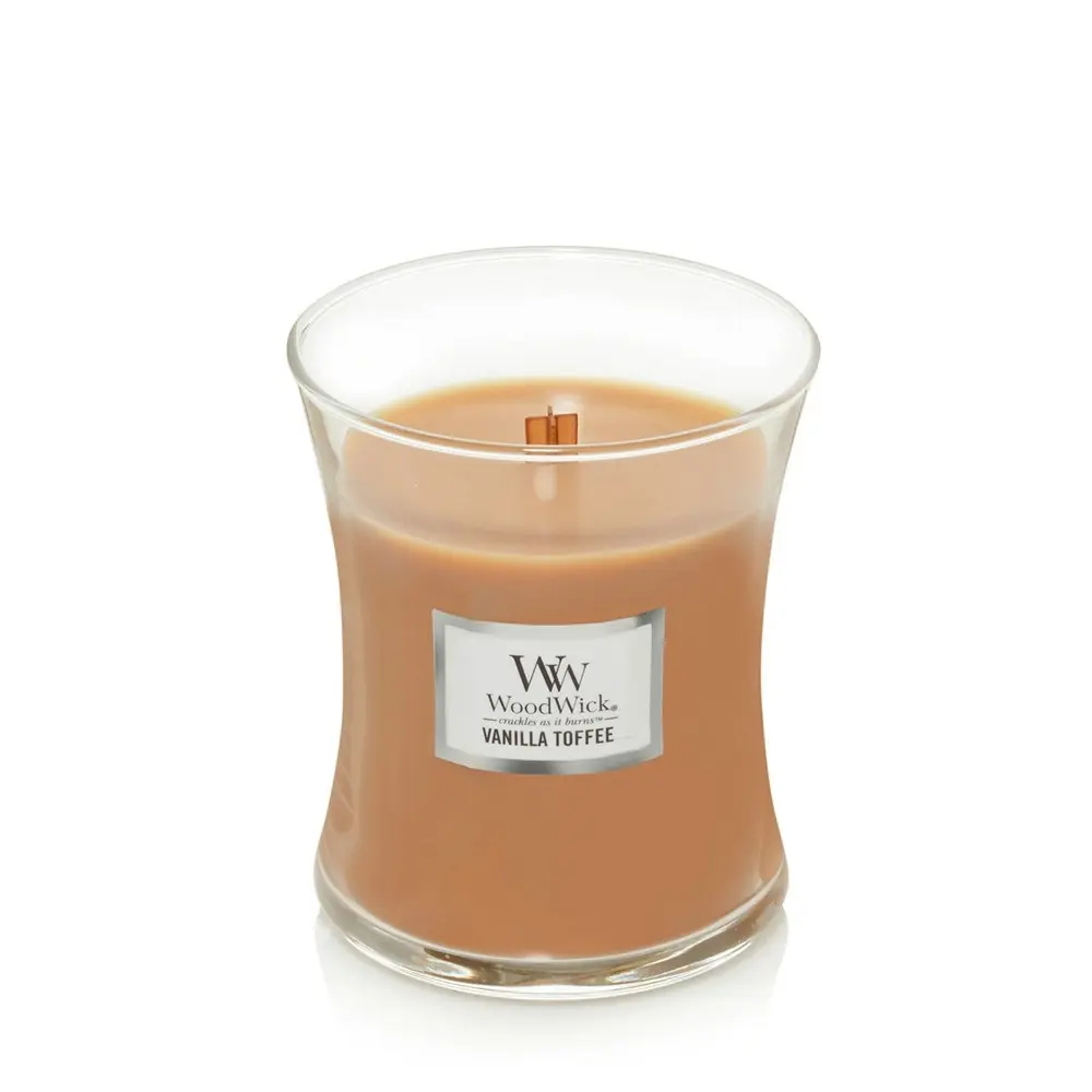 WoodWick Vanilla Toffee Scented Crafted Candle Glass Jar Soy Wax w/ Lid Medium