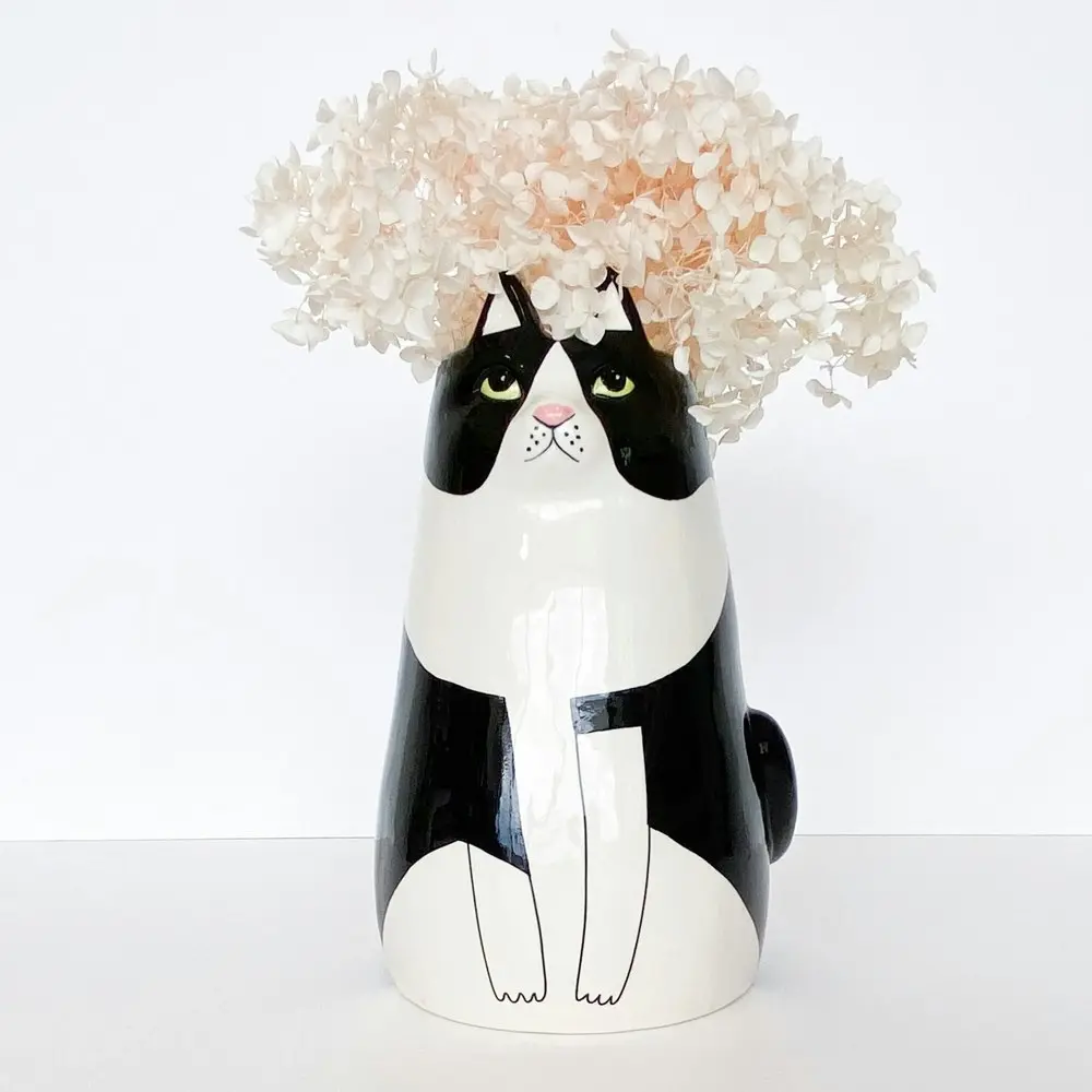 Urban Products Sitting Cat Themed Vase Home Garden Decor Black White 25cm