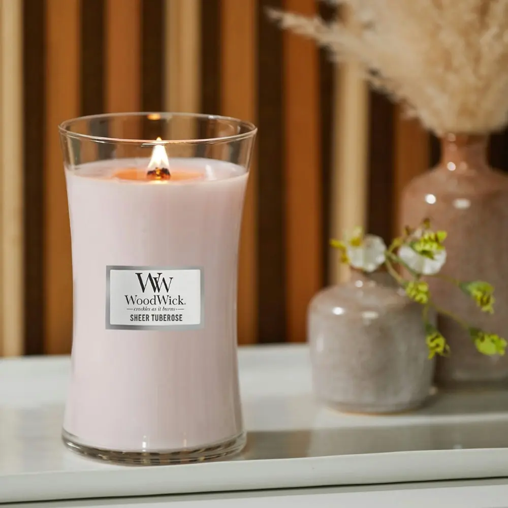 WoodWick 609g Scented Home Fragrance Soy Wax Candle Sheer Tuberose Large Pink