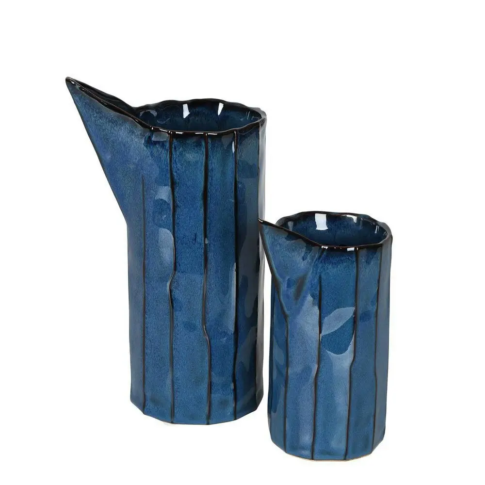 2x Belle Marimo Stoneware Vessel Flower Vase Large 23cm Plant Holder Dark Blue