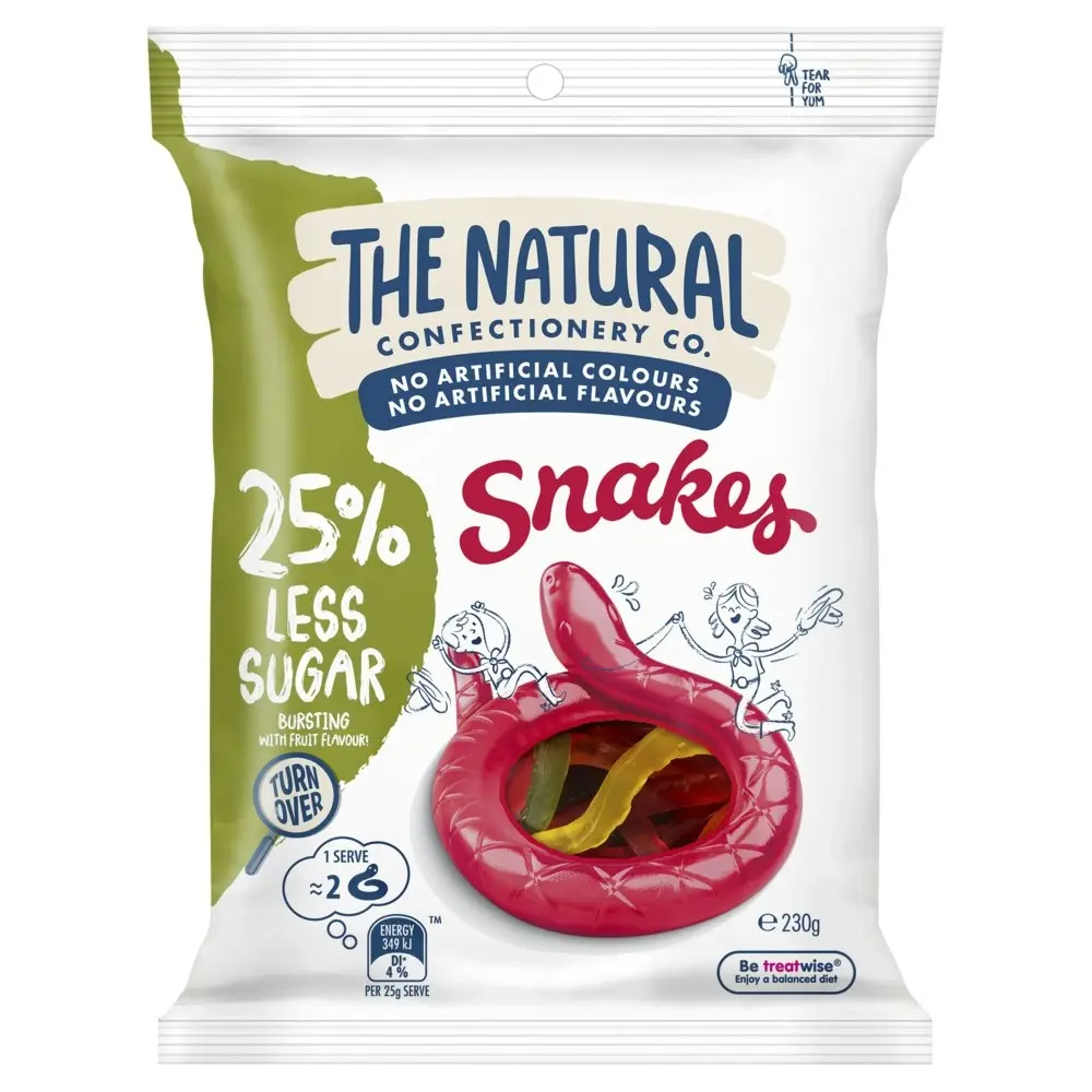 16pc The Natural Confectionery Co. Snakes Reduced Sugar 230g Gummy Lollies