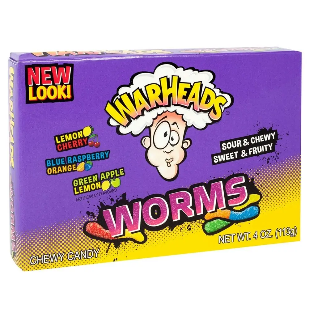 2x Warheads Worms 113g Theater Box Sweet/Sour Fruity Chewy Confectionery Candies